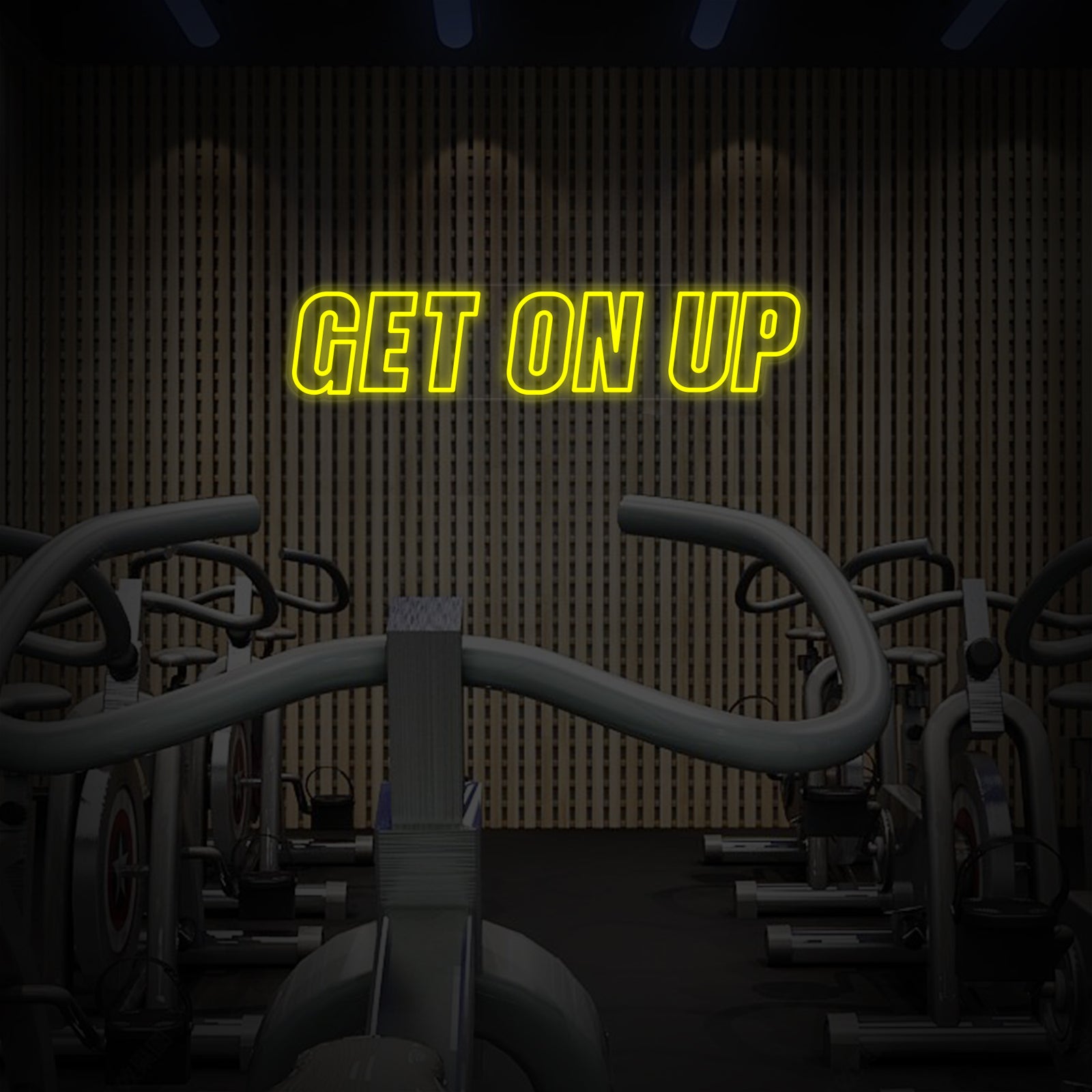 Detail view of the hand-crafted 'Get On Up' neon sign on a clear acrylic backing.