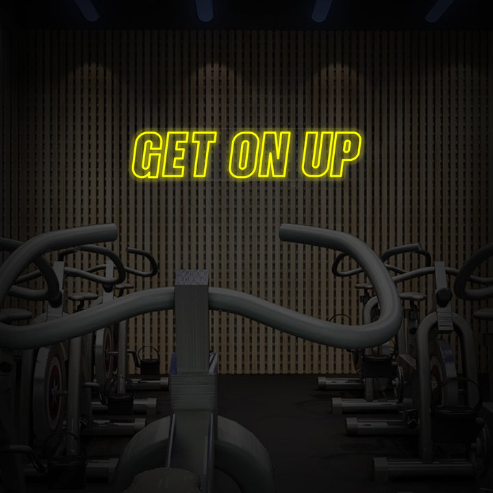 Detail view of the hand-crafted 'Get On Up' neon sign on a clear acrylic backing.