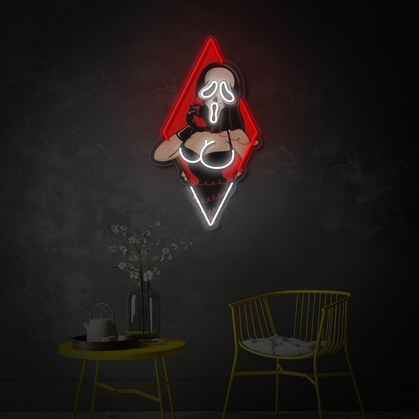 The Ghost Face Lady UV print neon sign brightly lit in a dark room setting, casting a blue and pink glow.