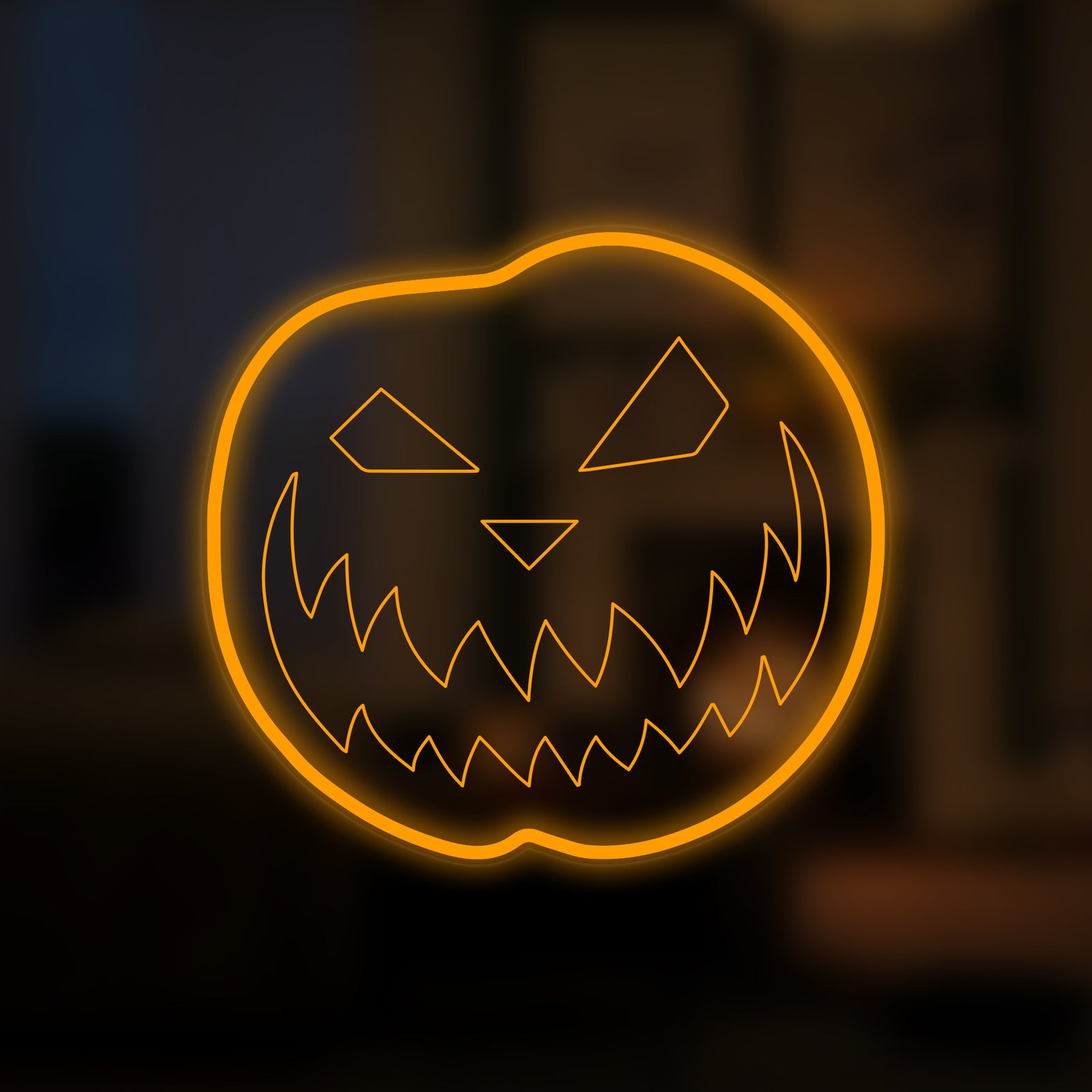 A glowing blue Ghost Face Scary Pumpkin Halloween Mini Neon Sign with eerie smoke and a dark spooky tree background.