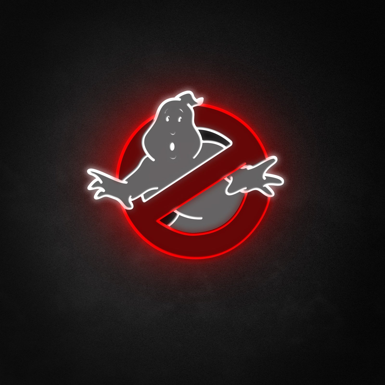A vibrant Ghostbusters Dangers Stop Entry neon sign illuminated on a textured wall.