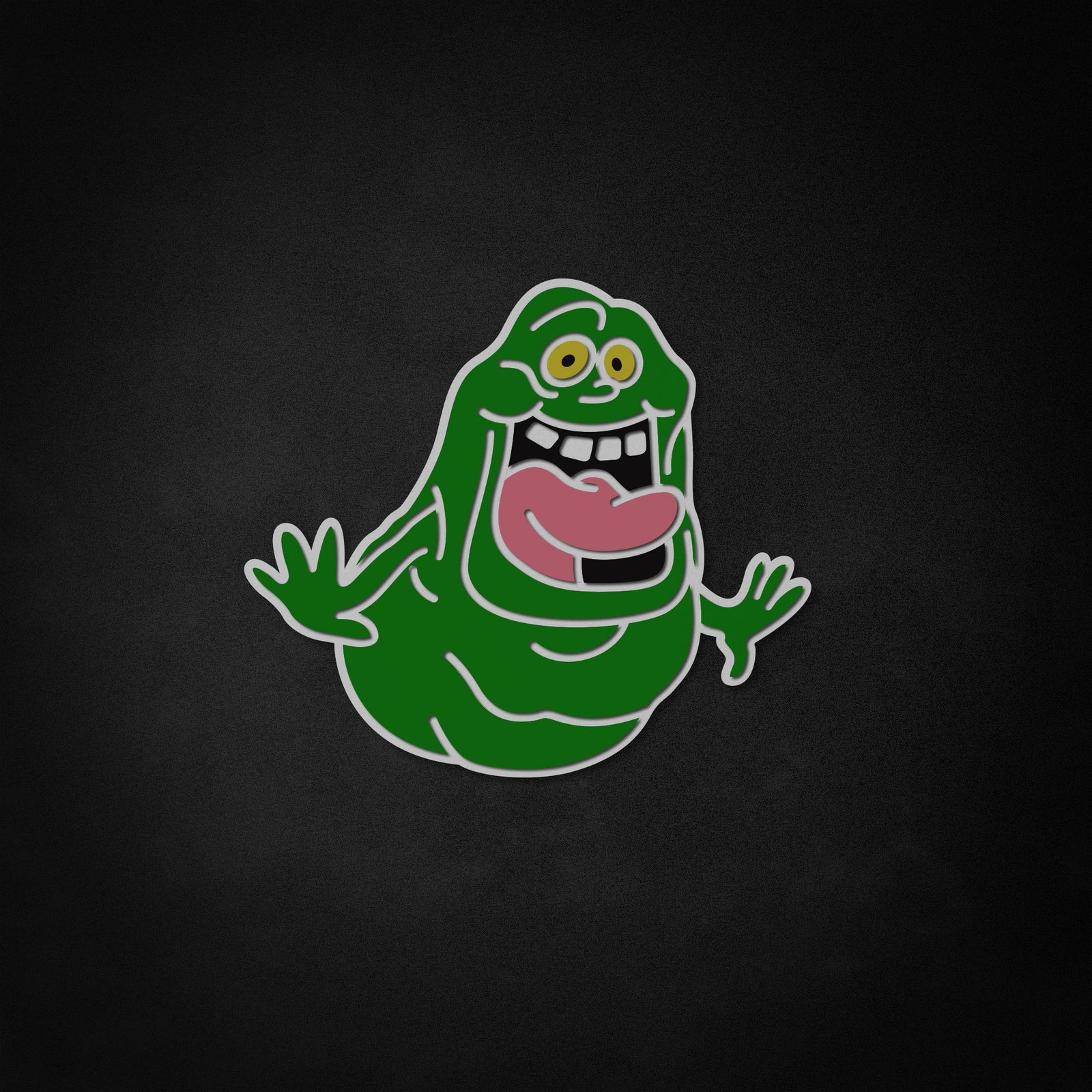Playful green Slimer character neon sign with a tongue sticking out.
