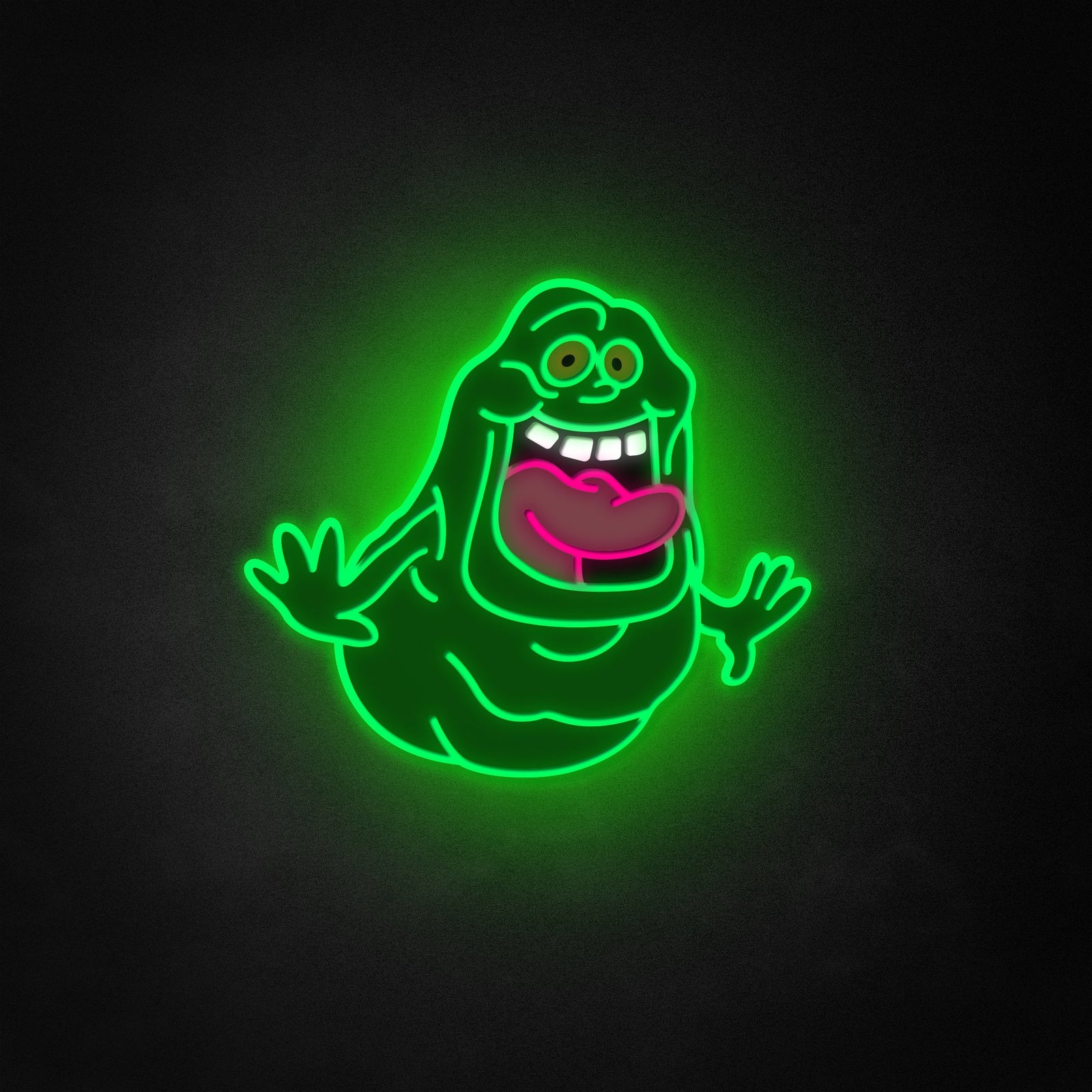 Classic Ghostbusters logo neon sign glowing against a dark textured background.