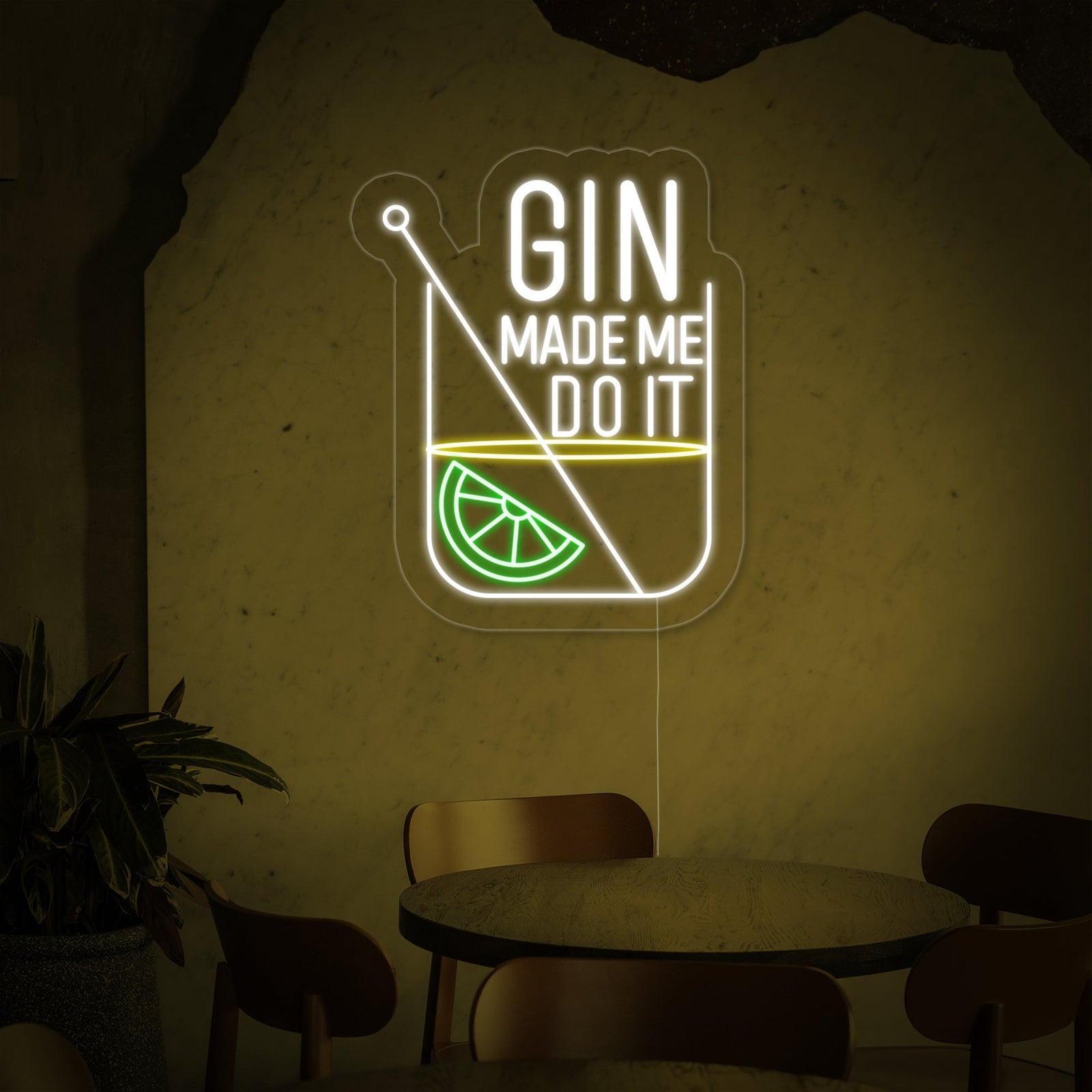 A 'Gin Made Me Do It' neon sign illuminating in clear blue light against a plain background, showing its design and acrylic backing.