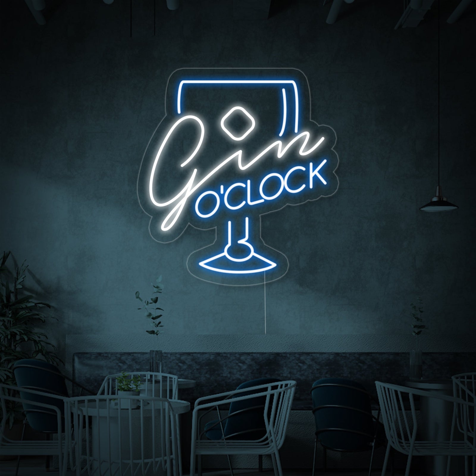 A close-up view of the lit blue "Gin O'clock" neon sign, showing the detailed gin glass design and the backing structure.
