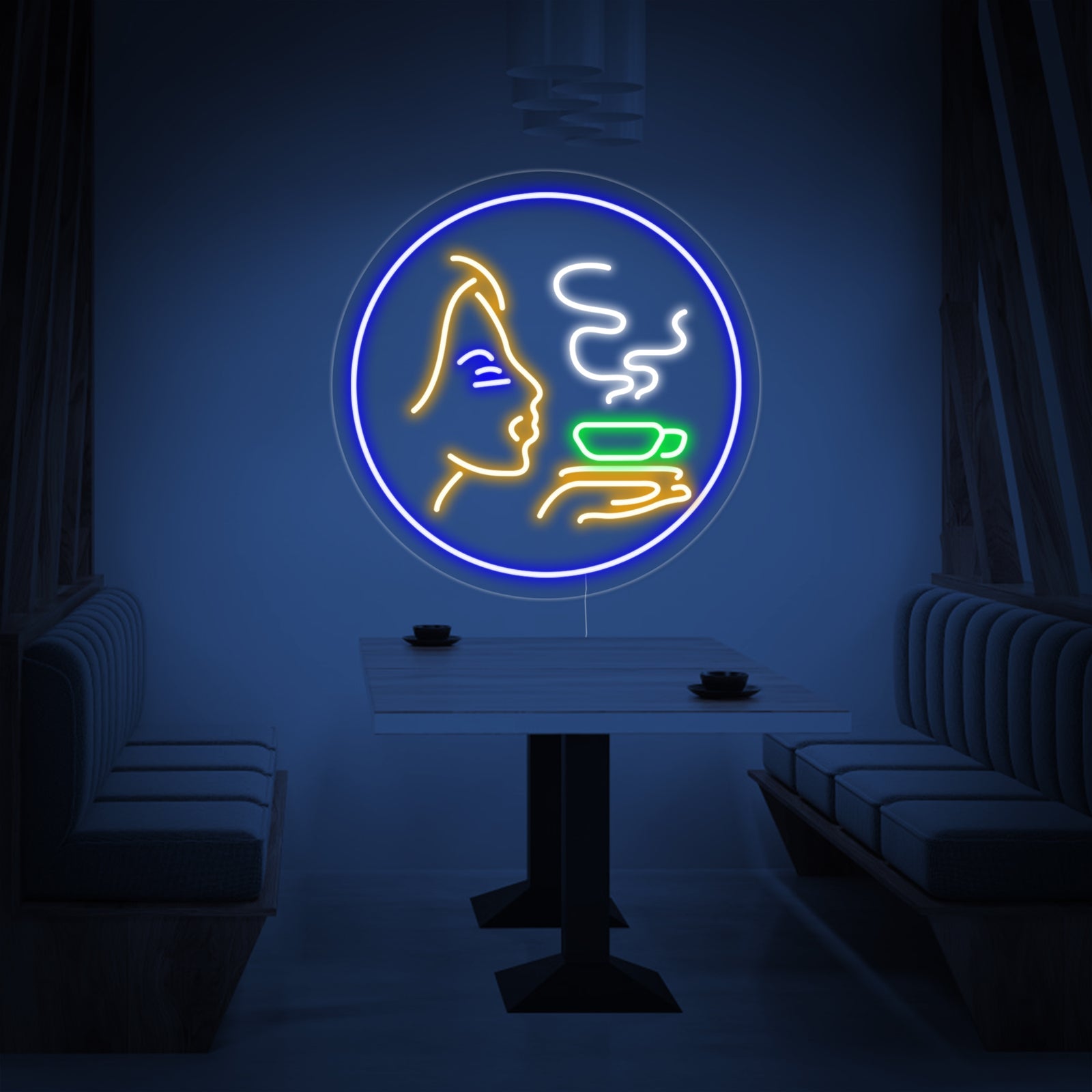 The 'Girl With Hot Coffee' neon sign unlit, showcasing the design lines and clear mounting board details.