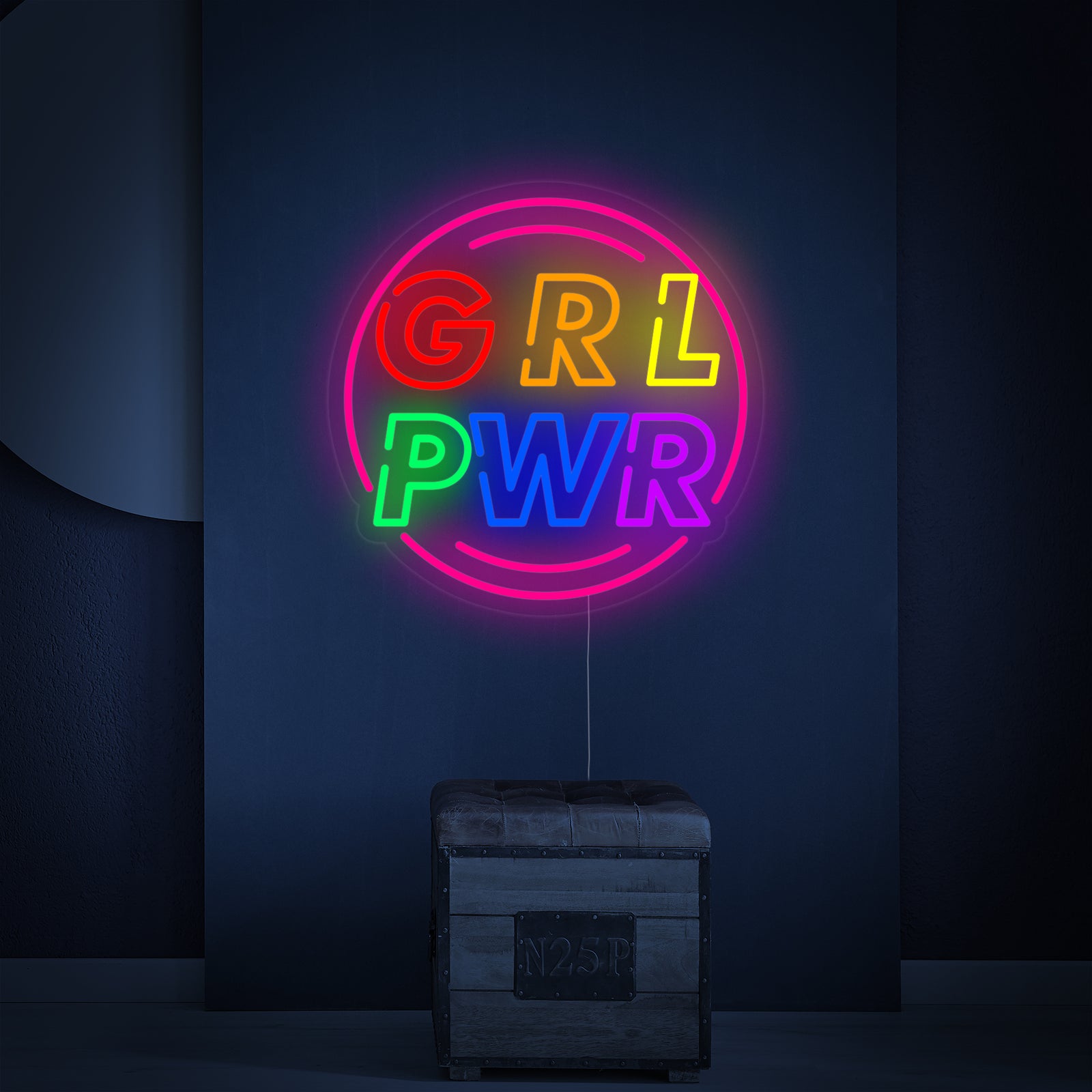 A stylized mockup of the unlit "Girl Power with Circle" neon sign showing the tubing and acrylic backboard.