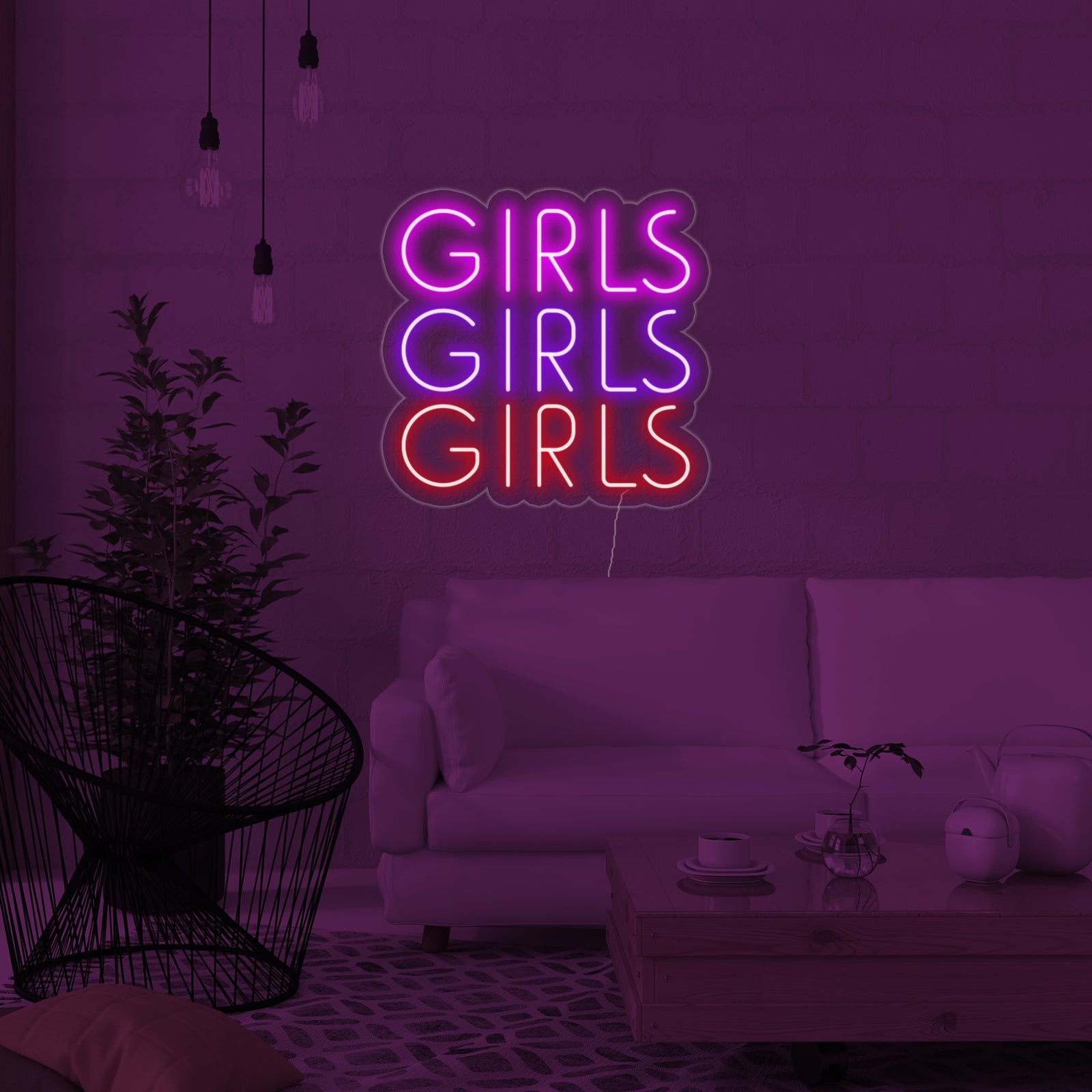 A glowing pink "Girls Girls Girls" neon sign displayed against a purple-lit background, showcasing the design details.
