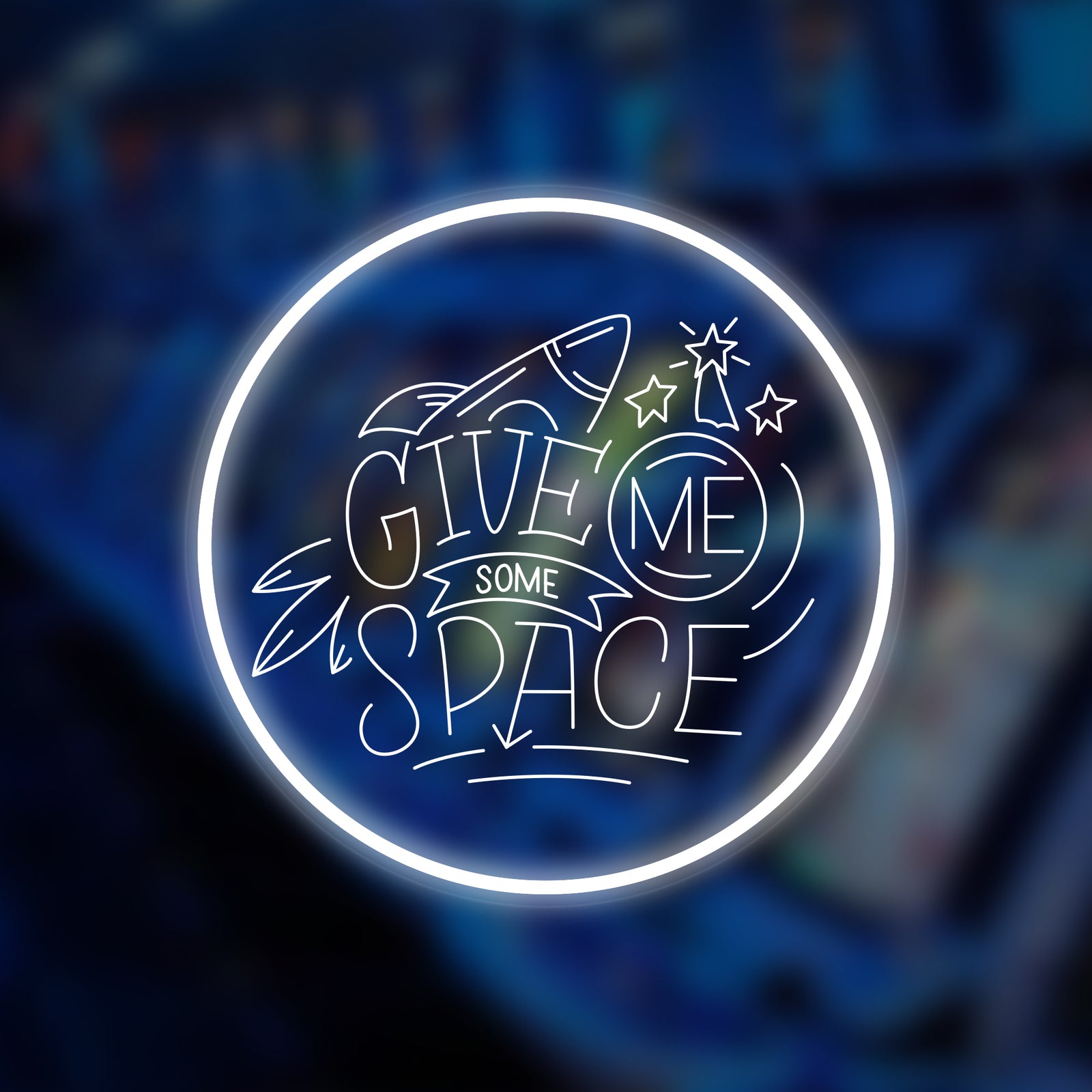 Give Me Some Space mini neon sign in white glowing on a dark wall.