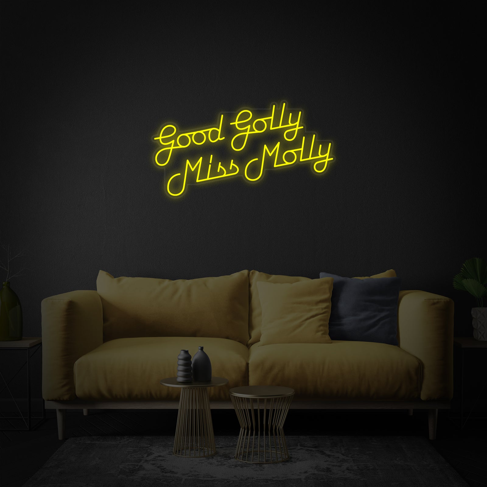 Detailed close-up view of the glowing blue 'Good Golly Miss Molly' neon sign against a dark wall.