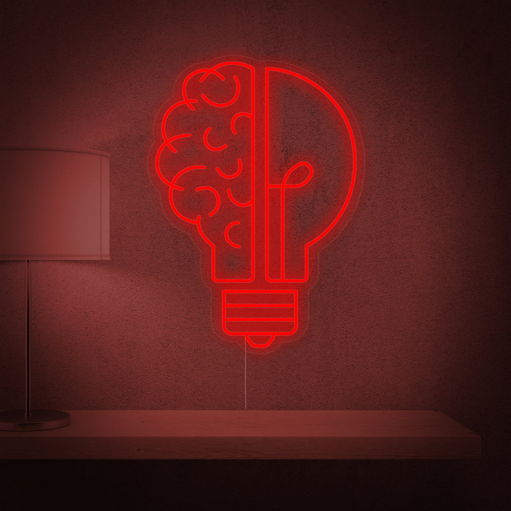 A flat product shot of the 'Good Idea Brain Bulb' neon sign on a simple, plain background, showcasing its design.