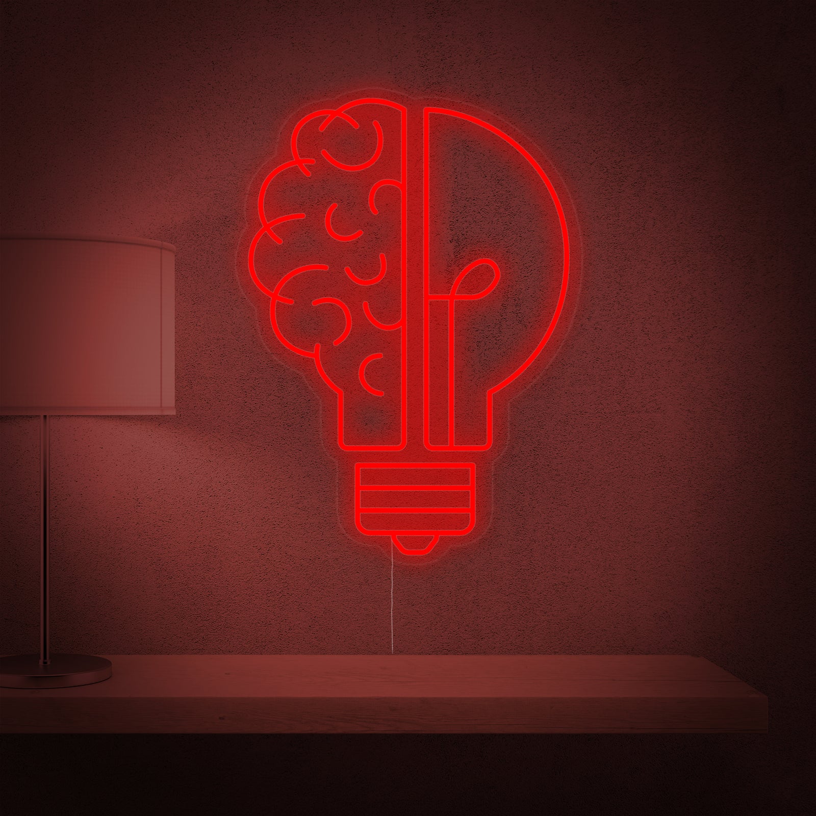 A flat product shot of the 'Good Idea Brain Bulb' neon sign on a simple, plain background, showcasing its design.