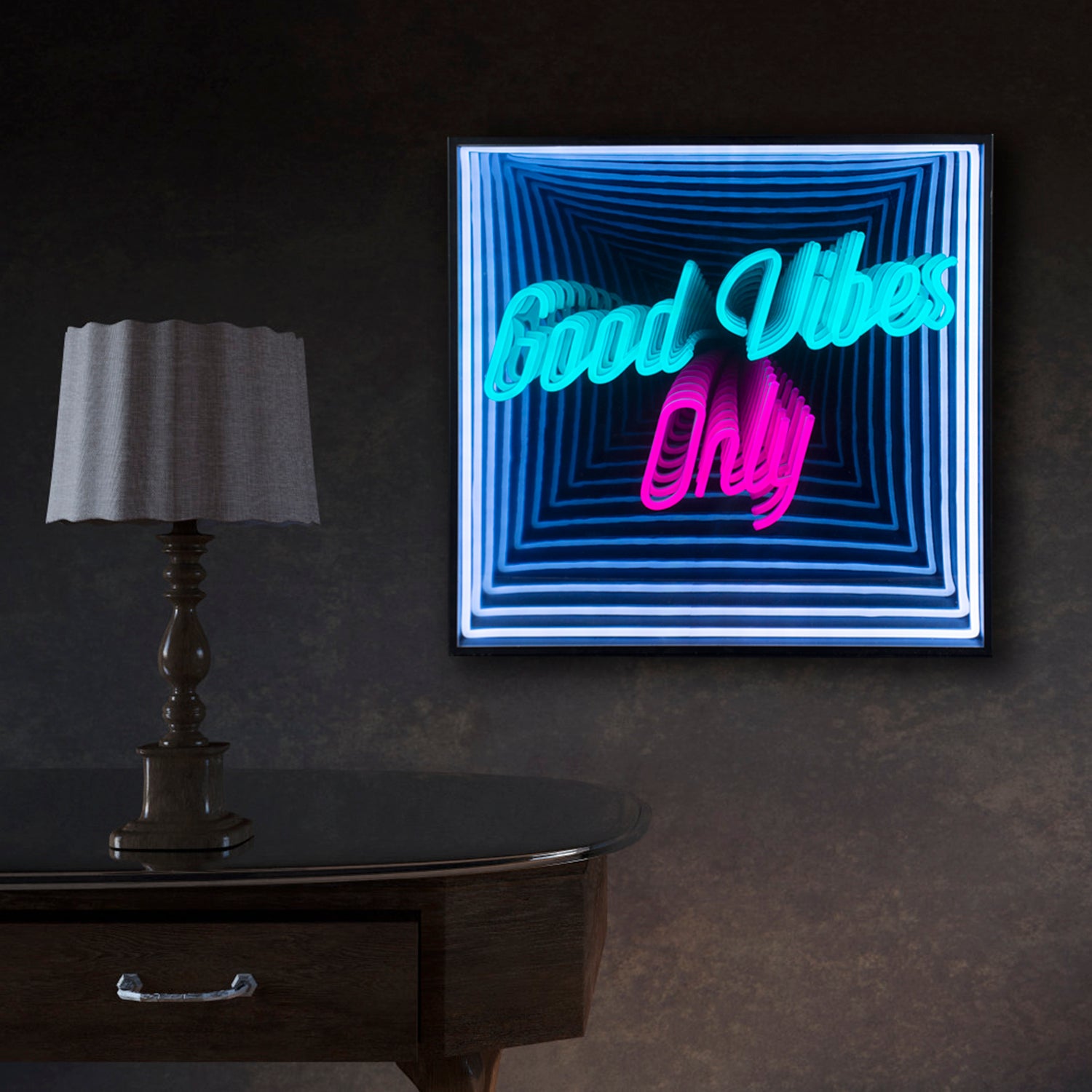 A render of the 'Good Vibes Only' 3D infinity mirror neon sign on a dark textured wall.