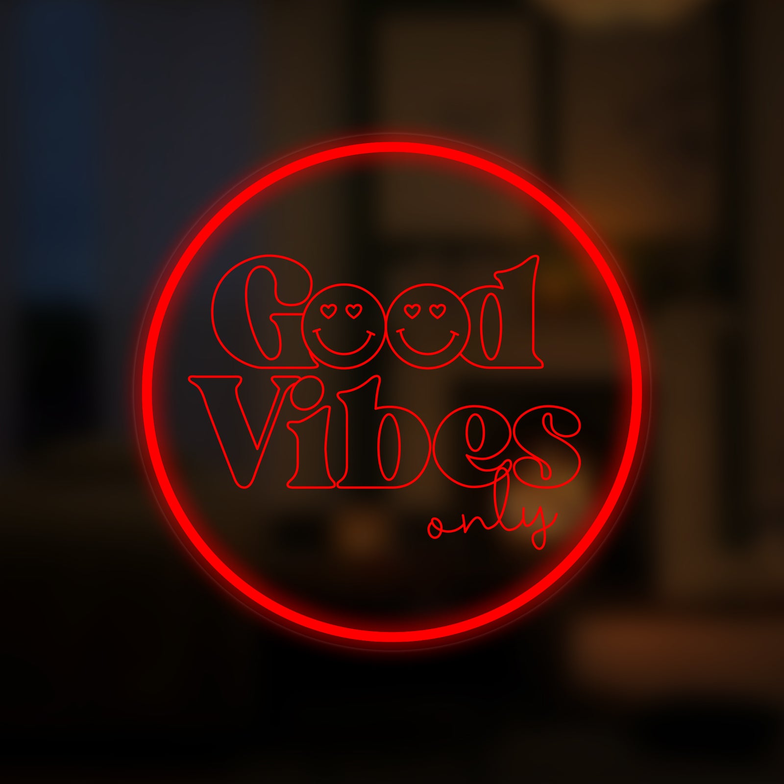 Clean graphic design of the 'Good Vibes Only' mini neon sign against a blurred background.