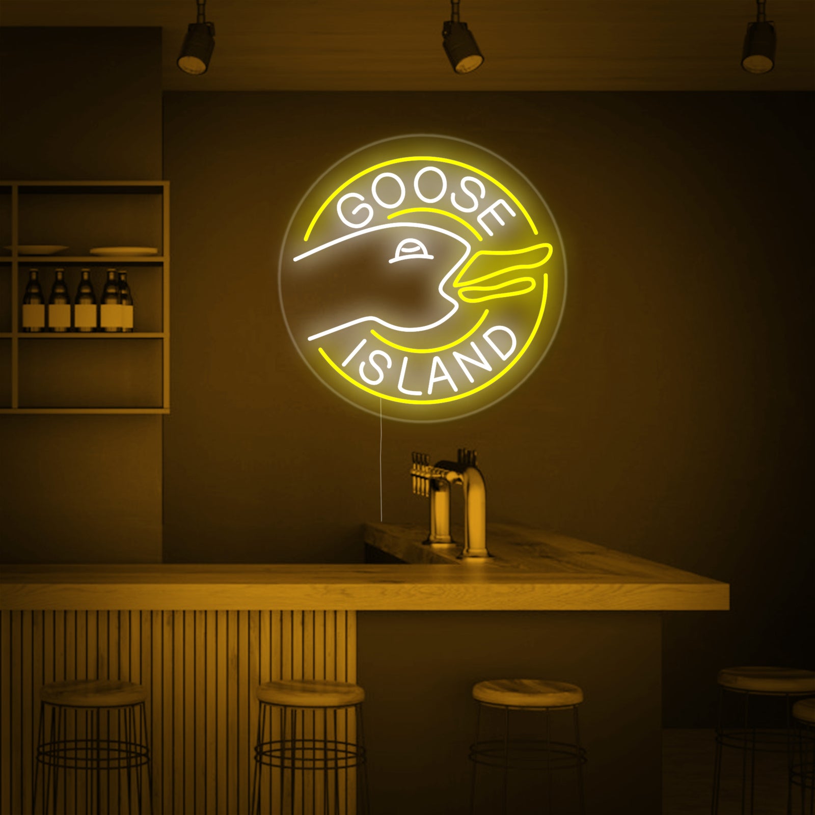A clean graphic representation of the Goose Island Bar neon sign design, showing the yellow goose logo and white text.