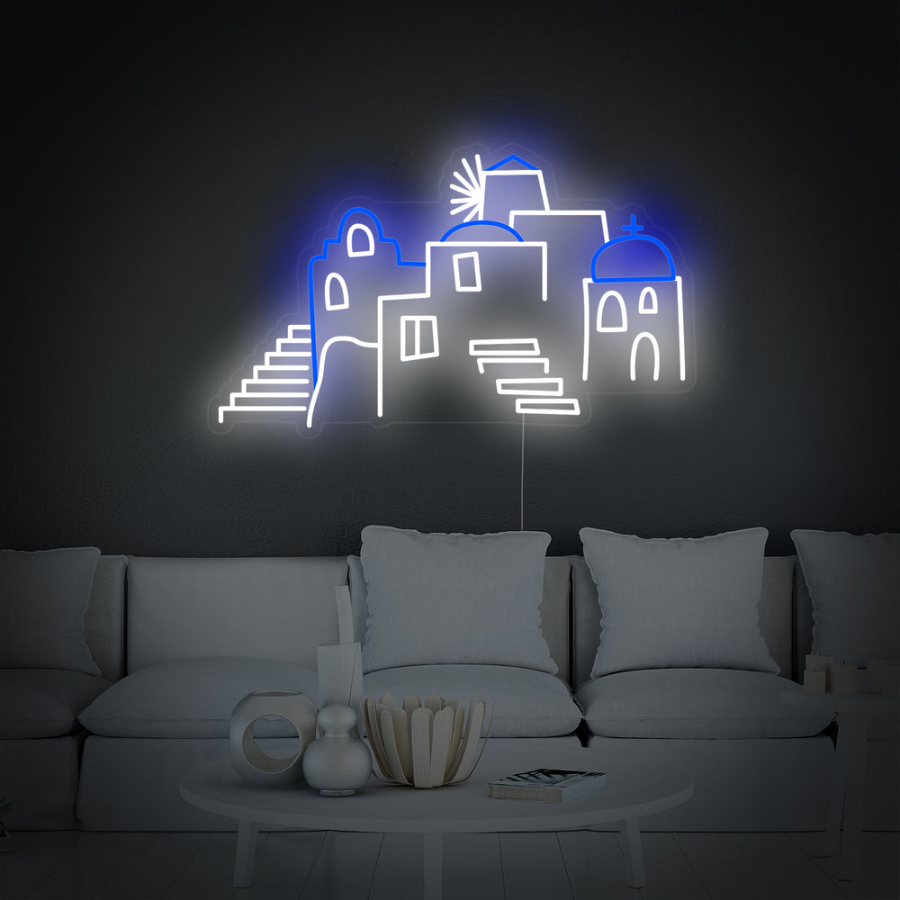 Detailed product shot of the Greece Domes of Santorini neon sign showing the precise tubing forming the architectural design and the clear acrylic backing.