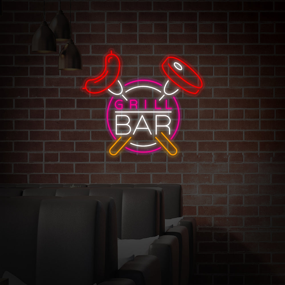 A flat graphic rendering of a standard neon sign design that says 'Grill Bar' with decorative red lines around it, against a plain black background.