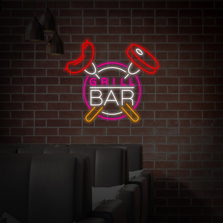 A flat graphic rendering of a standard neon sign design that says 'Grill Bar' with decorative red lines around it, against a plain black background.
