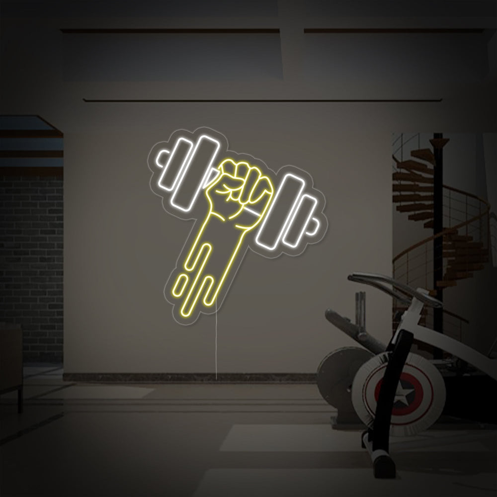 Close-up view of the illuminated red 'Gym Dumbbell' neon sign, showcasing the clear backing and neat construction.