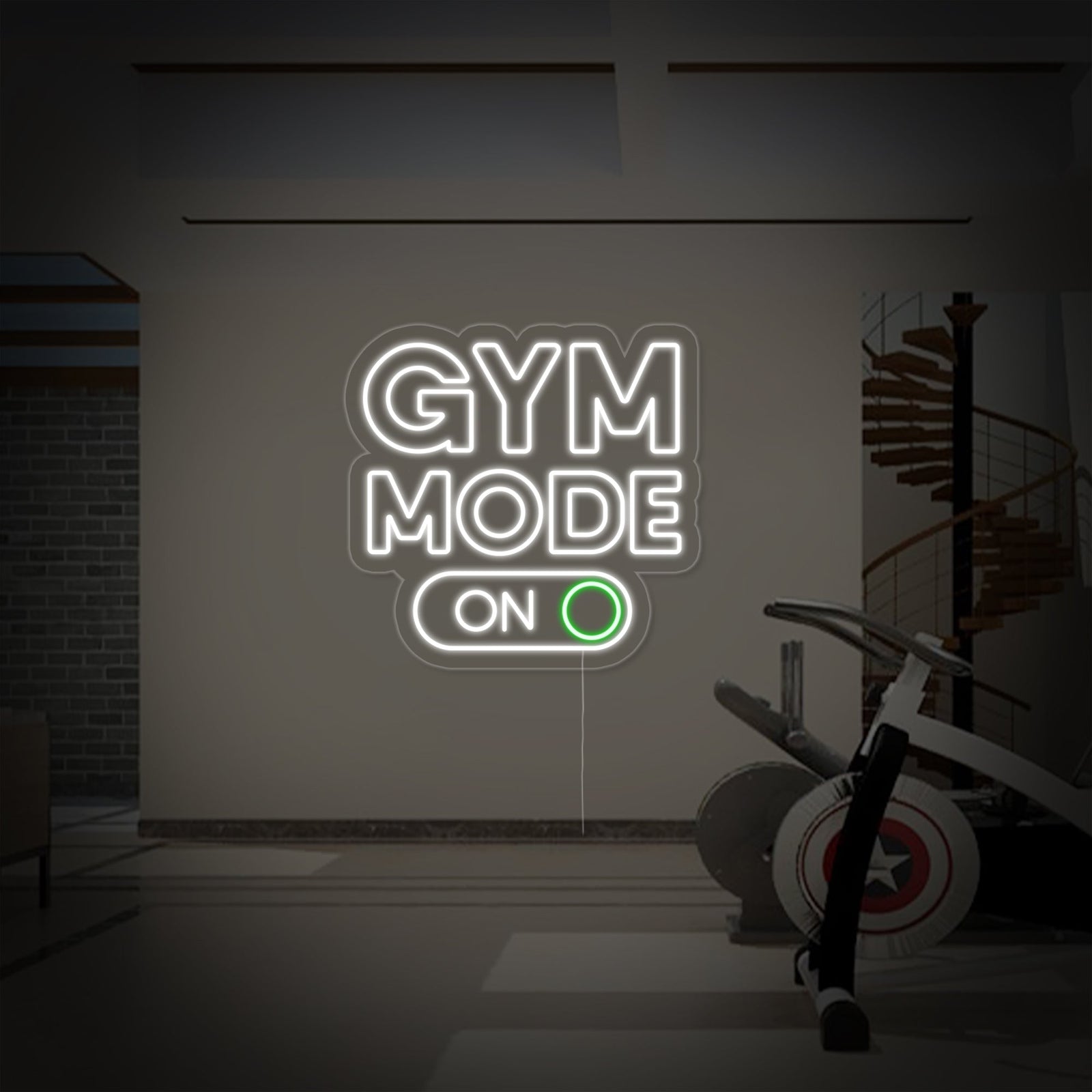 Close-up of the "Gym Mode On" neon sign mounted on a clear acrylic backing, showing the glowing script against a clean, modern wall.