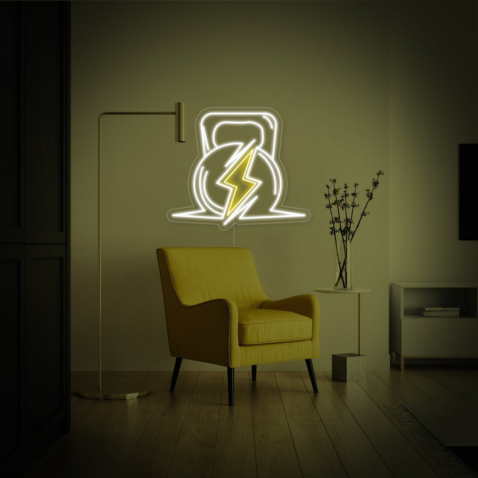 Close-up of the glowing yellow and white tubes on the "Gym Power Fitness" neon sign, showing the clear acrylic backing board and a power cord against a dark wall.
