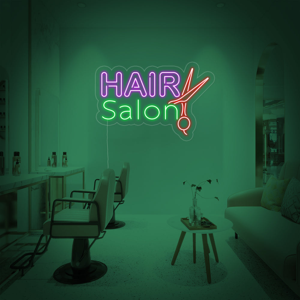 An unlit 'HAIR SALON' neon sign showing the acrylic backing, tube structure, and power cord.