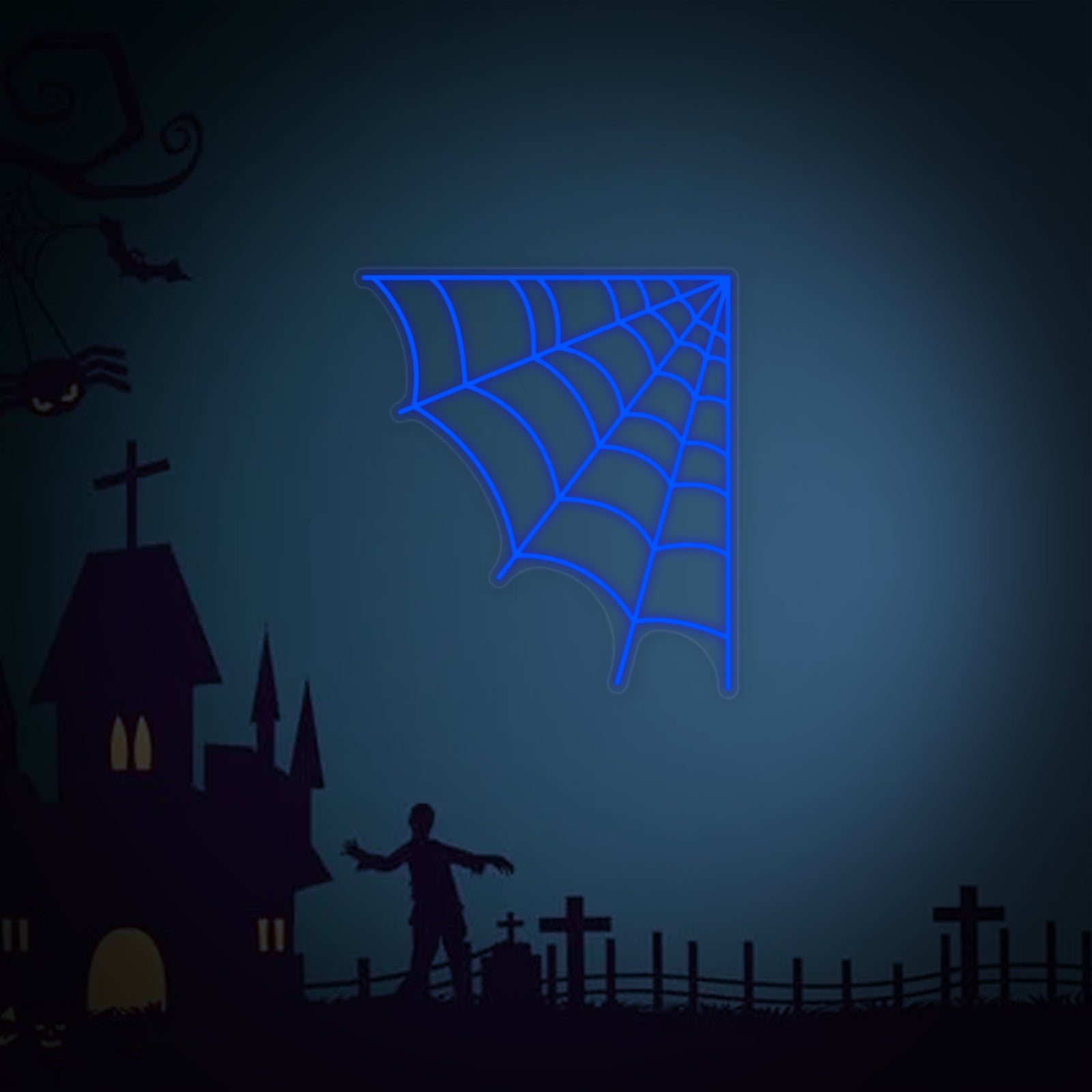 A vibrant 'Halloween Spider Web' neon sign shining in a spooky graveyard setting with pumpkins.