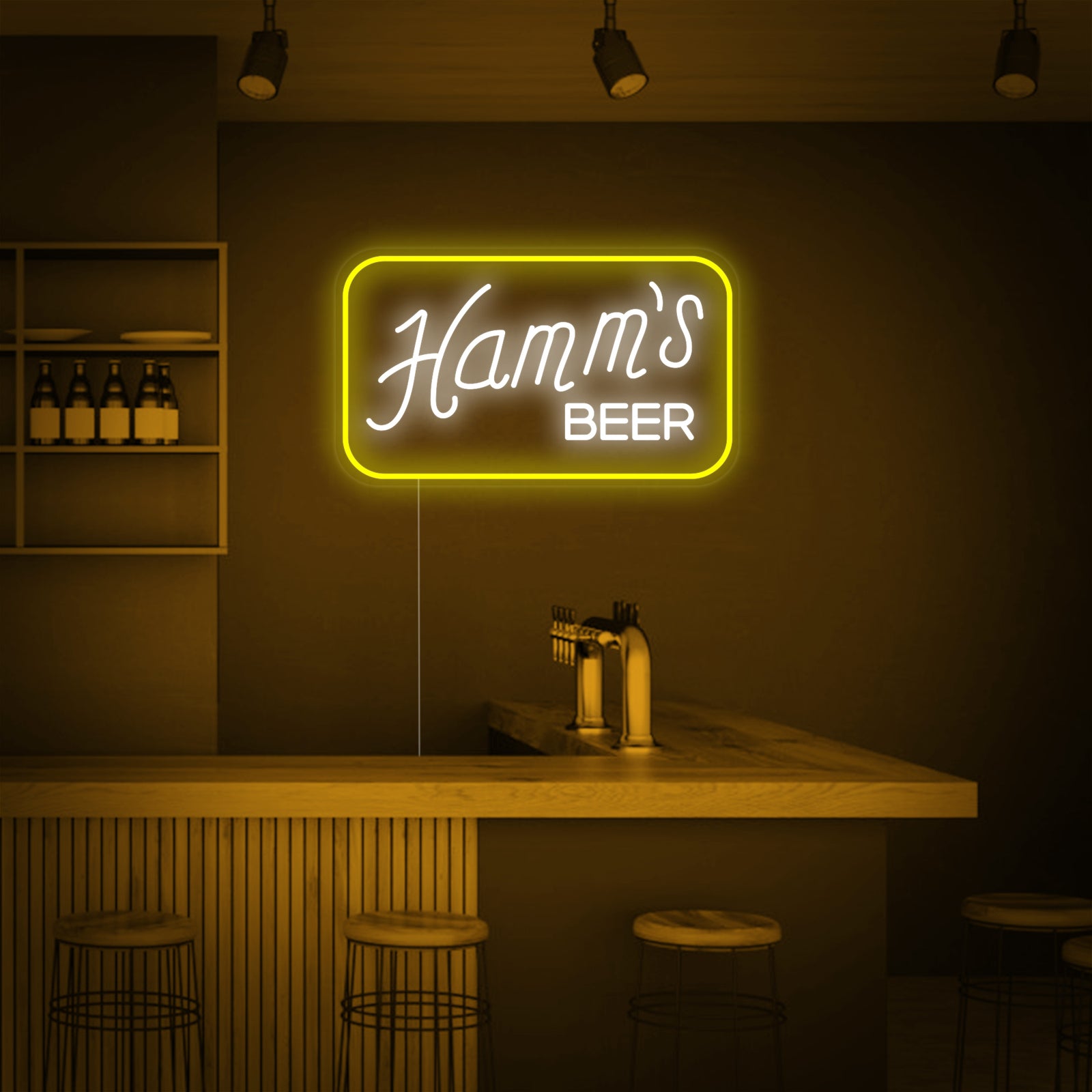 A glowing, realistic Hamms Beer neon sign with the iconic bear graphic.