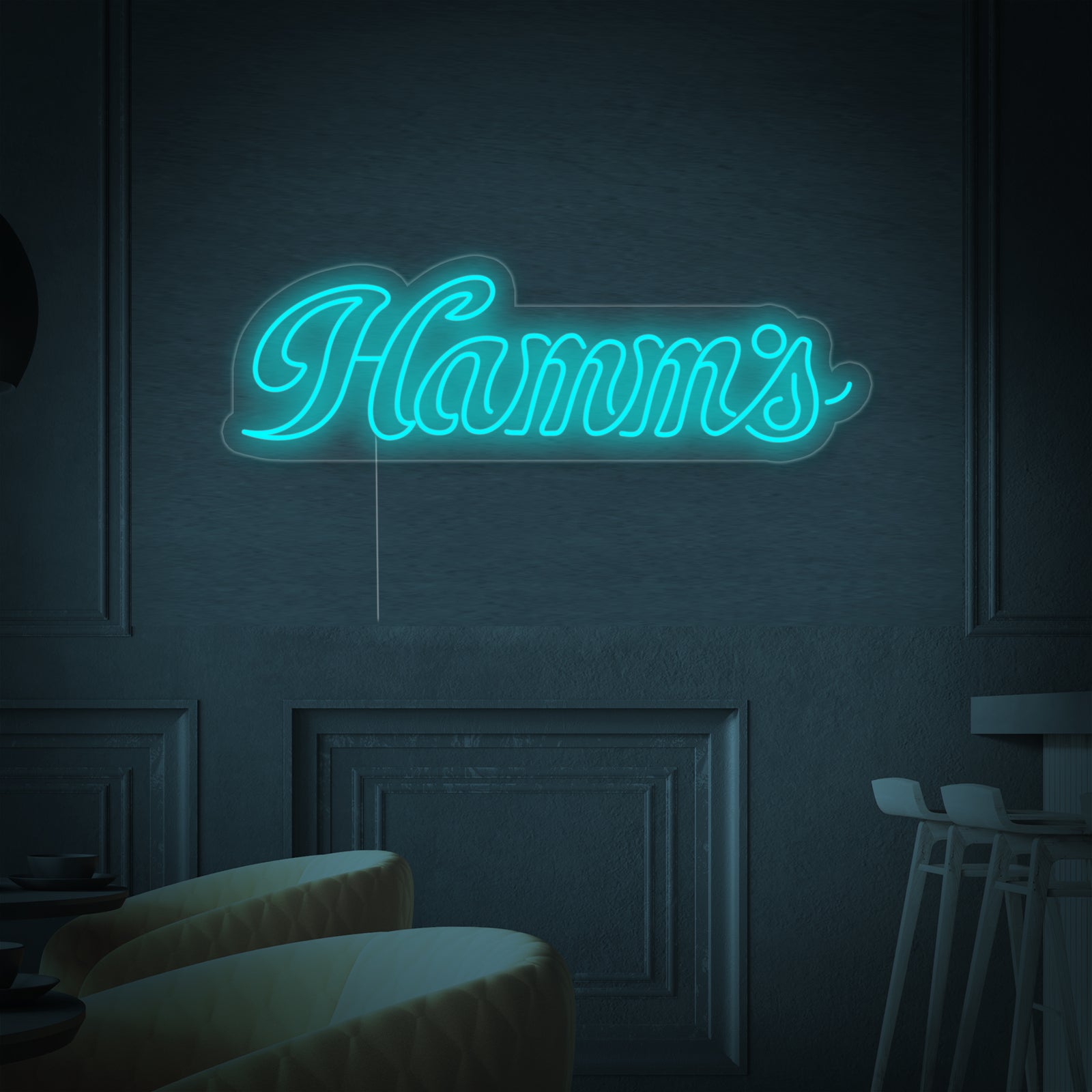 A close-up view of a custom-designed Hamm's Beer Bar neon sign attached to a clear acrylic backer.