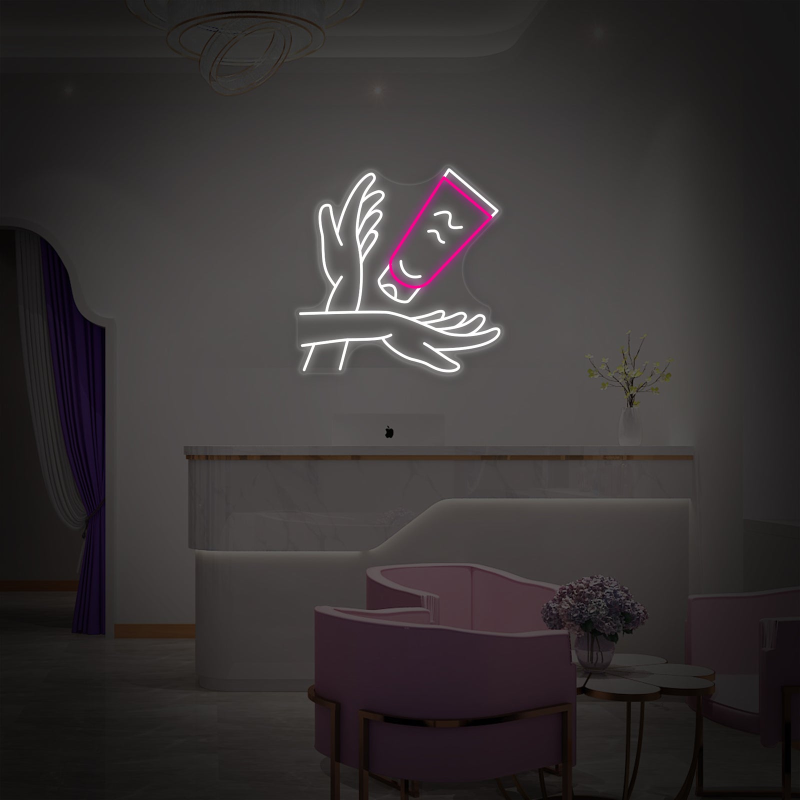 An illuminated blue "Hand Care" neon sign with a hand graphic, shown against a plain white studio background.