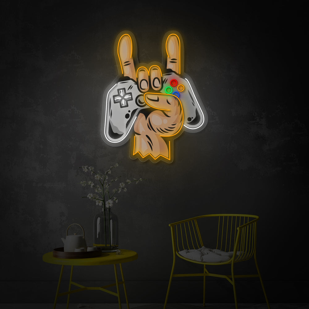 A high-detail render of the Hand With Gamepad UV Print LED Neon Sign glowing brightly