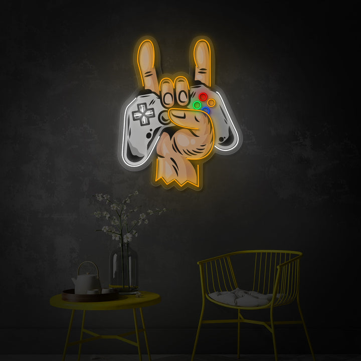 A high-detail render of the Hand With Gamepad UV Print LED Neon Sign glowing brightly