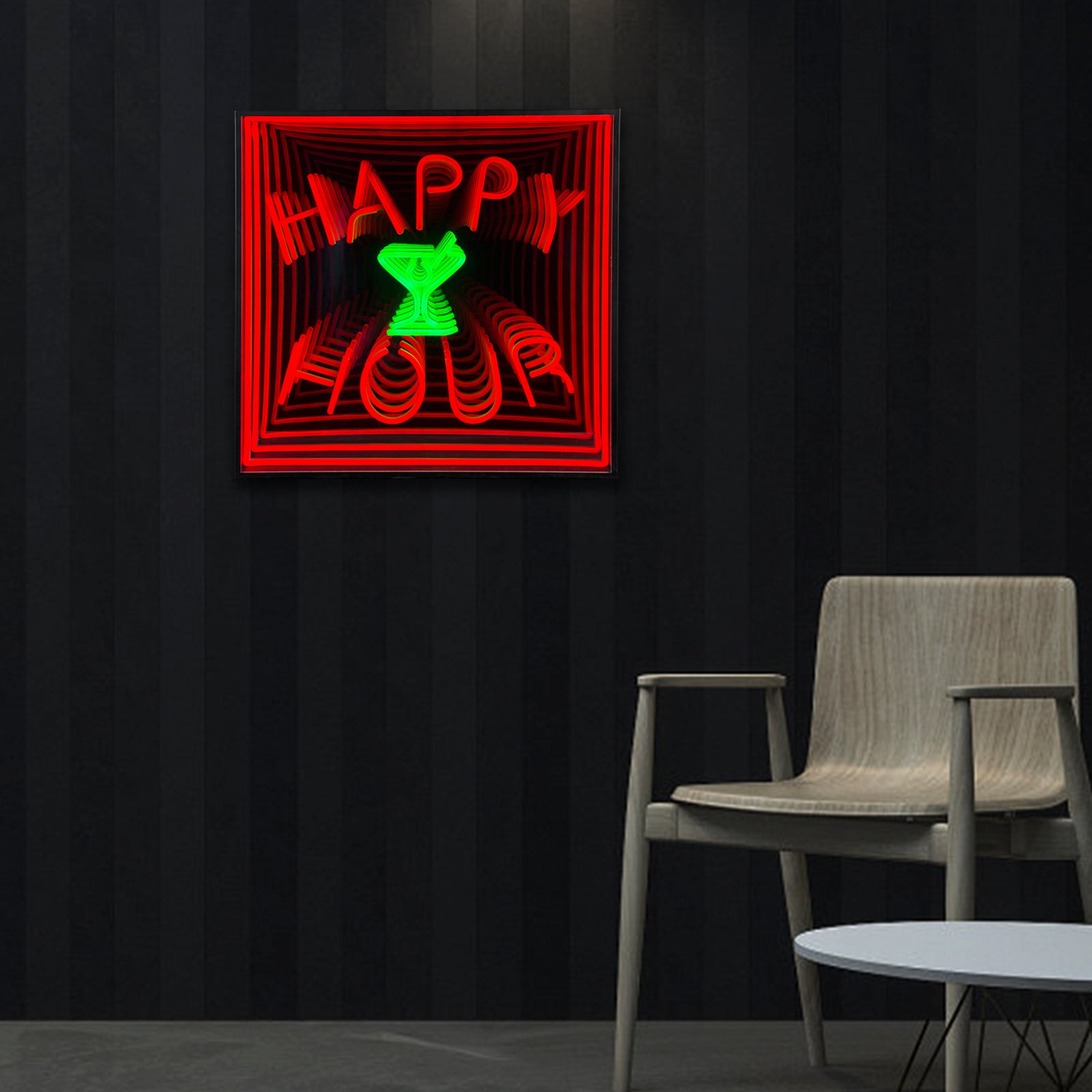 Mockup of the square 'Happy Hour' 3D infinity neon sign glowing above a modern grey sofa in a living room.