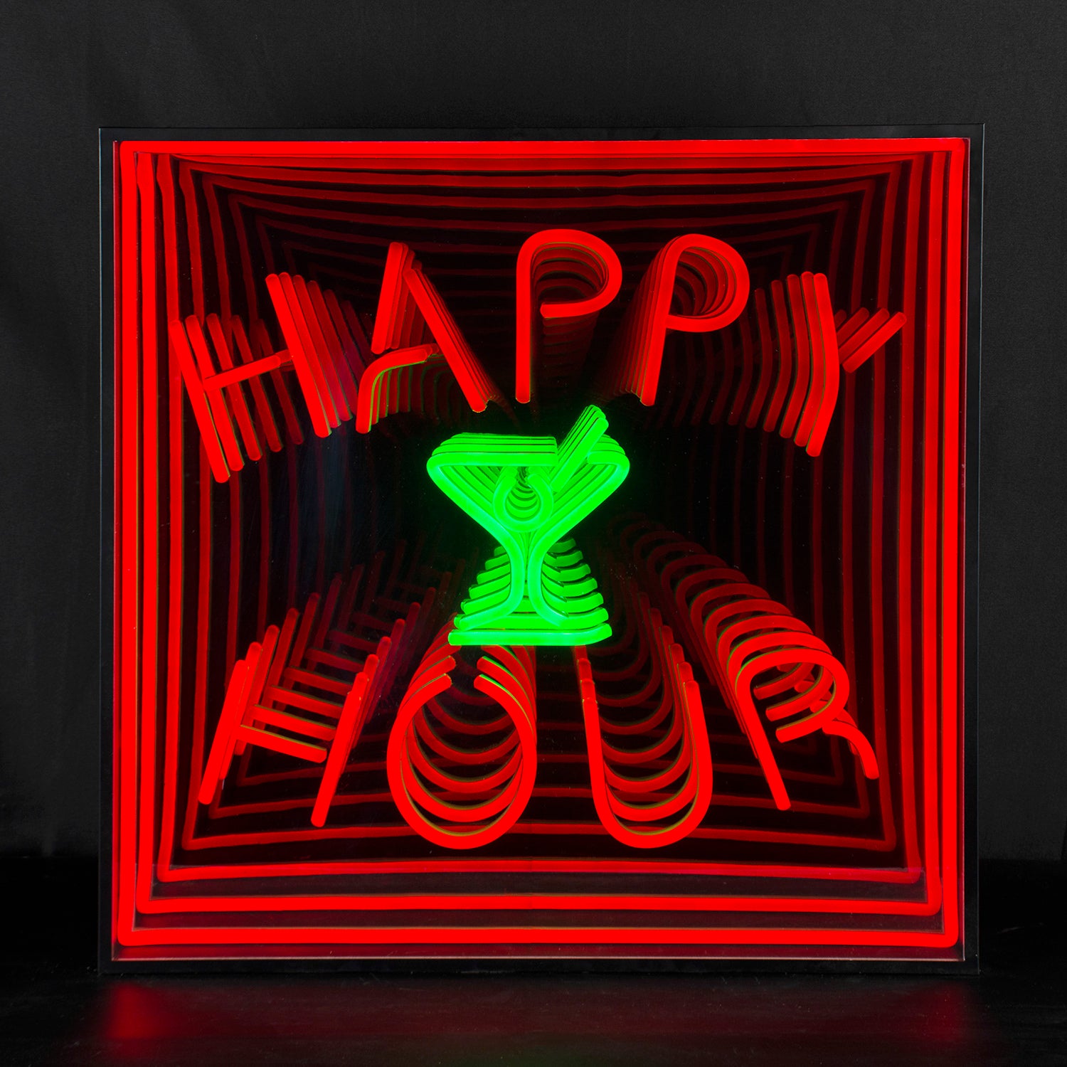 A illuminated 'Happy Hour' infinity neon sign glowing amber against a dark wall, showing a mesmerizing 3D tunnel of light.