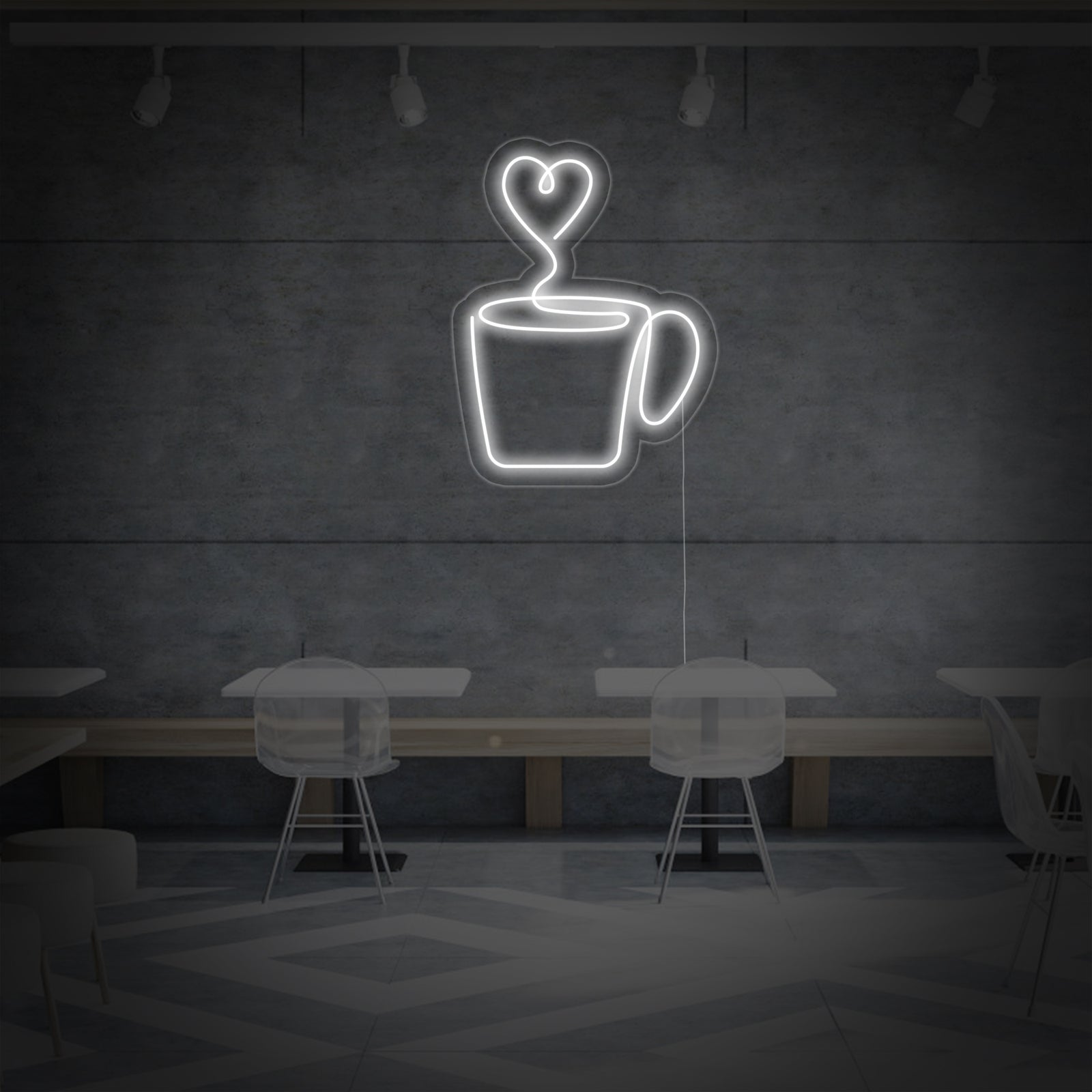 The 'Heart Coffee' neon sign illuminated on a rustic brick wall, displaying its intricate design of a heart-shaped cup and swirling steam.