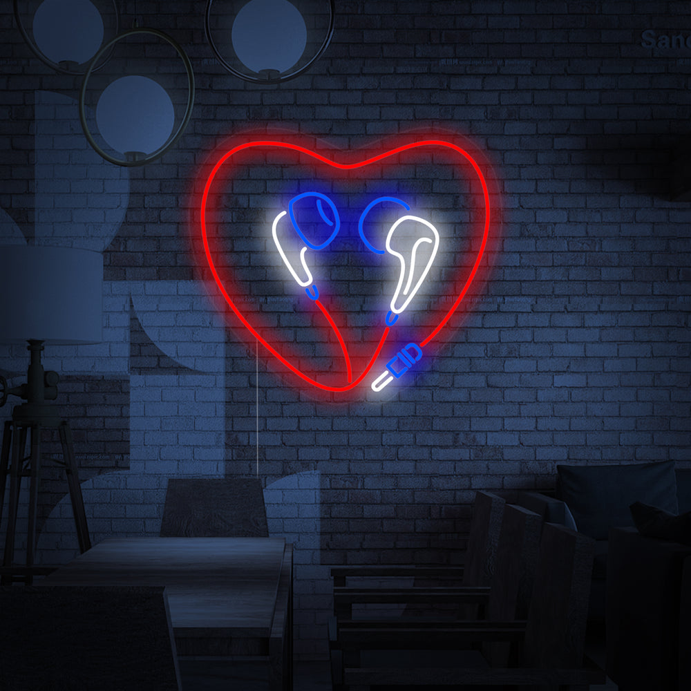 Close-up flat graphic view of the glowing Heart Earphones neon sign design