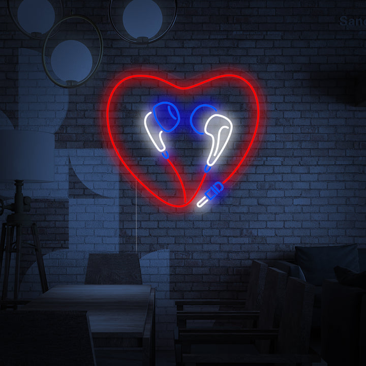 Close-up flat graphic view of the glowing Heart Earphones neon sign design