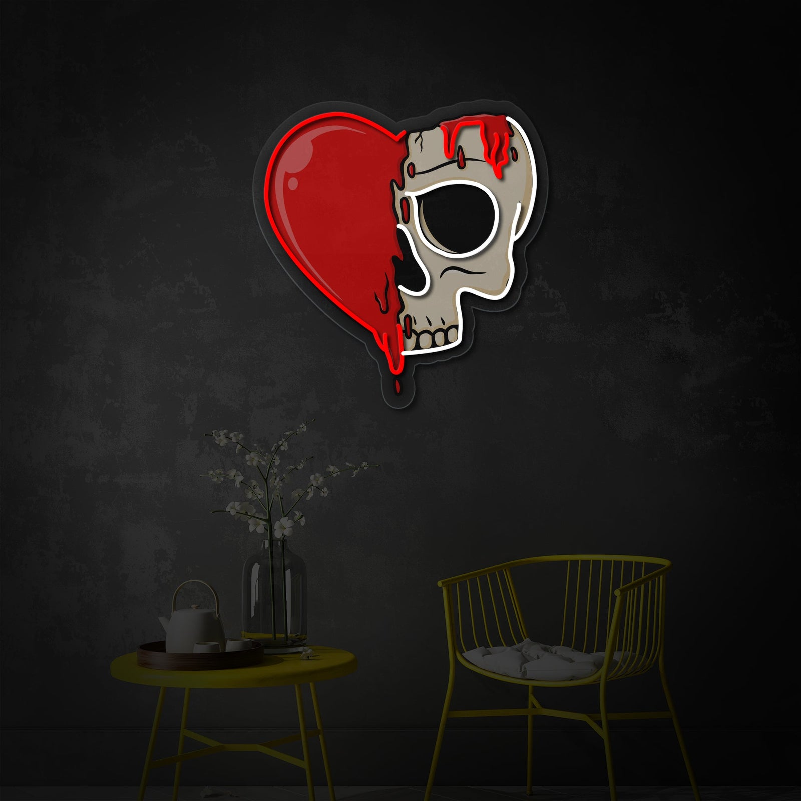 Heart Melting Skull UV print neon sign brightly lit against a neutral concrete wall in a modern living space.