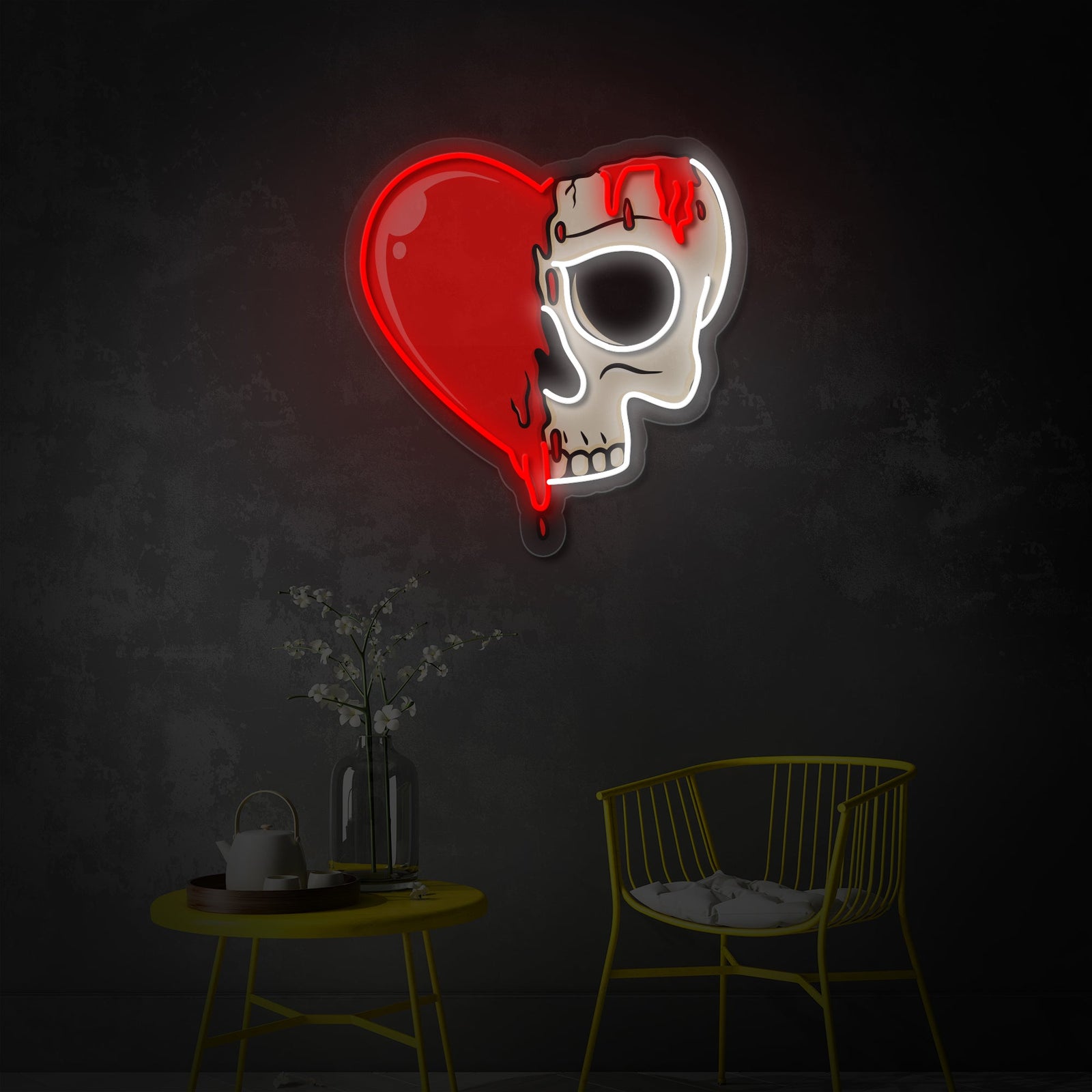 Heart Melting Skull glowing UV print neon sign mounted on a textured dark wood wall above a small table and chair.