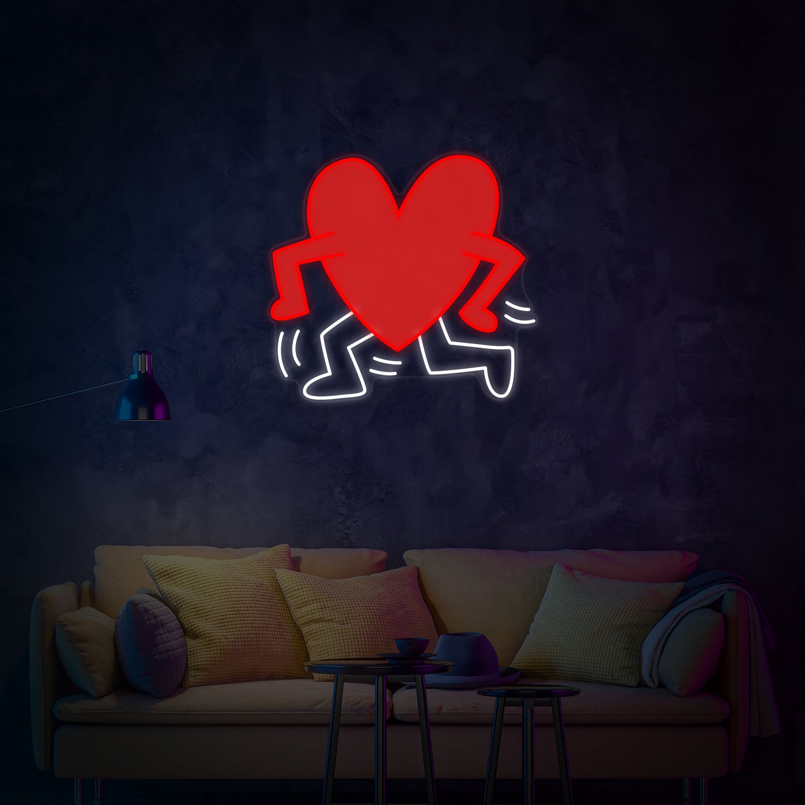 A graphic rendition of the Heart Walking neon sign design with a filled red center and outline, shown as a conceptual product graphic.
