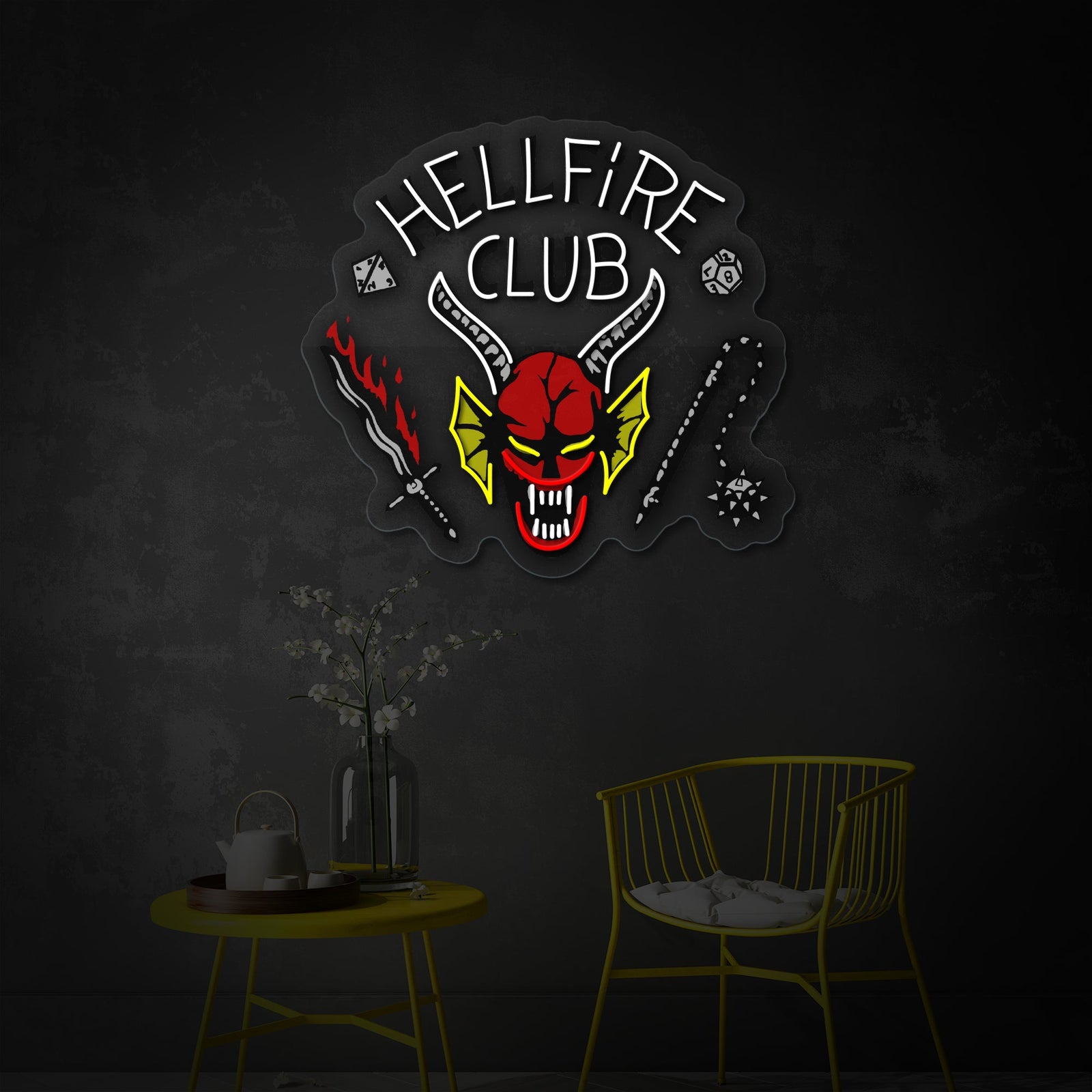 A custom-made Hellfire Club neon sign with UV printed artwork, emitting a warm orange light over a dark wooden cabinet and a cozy chair.