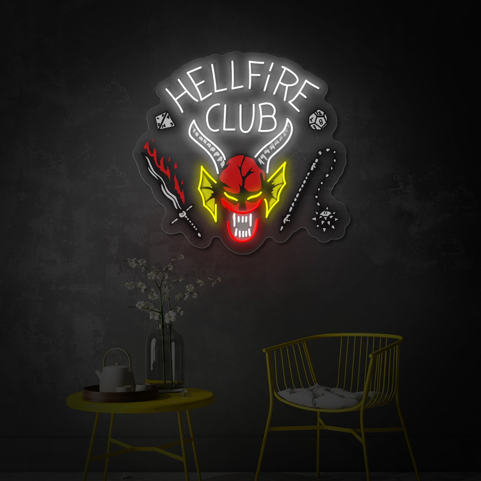 An illuminated Hellfire Club UV print neon sign glowing orange, hanging on a dark textured wall in a dimly lit room.