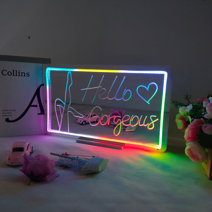 "Hello Gorgeous, Dreamy Color Changing" Mirror Neon Sign