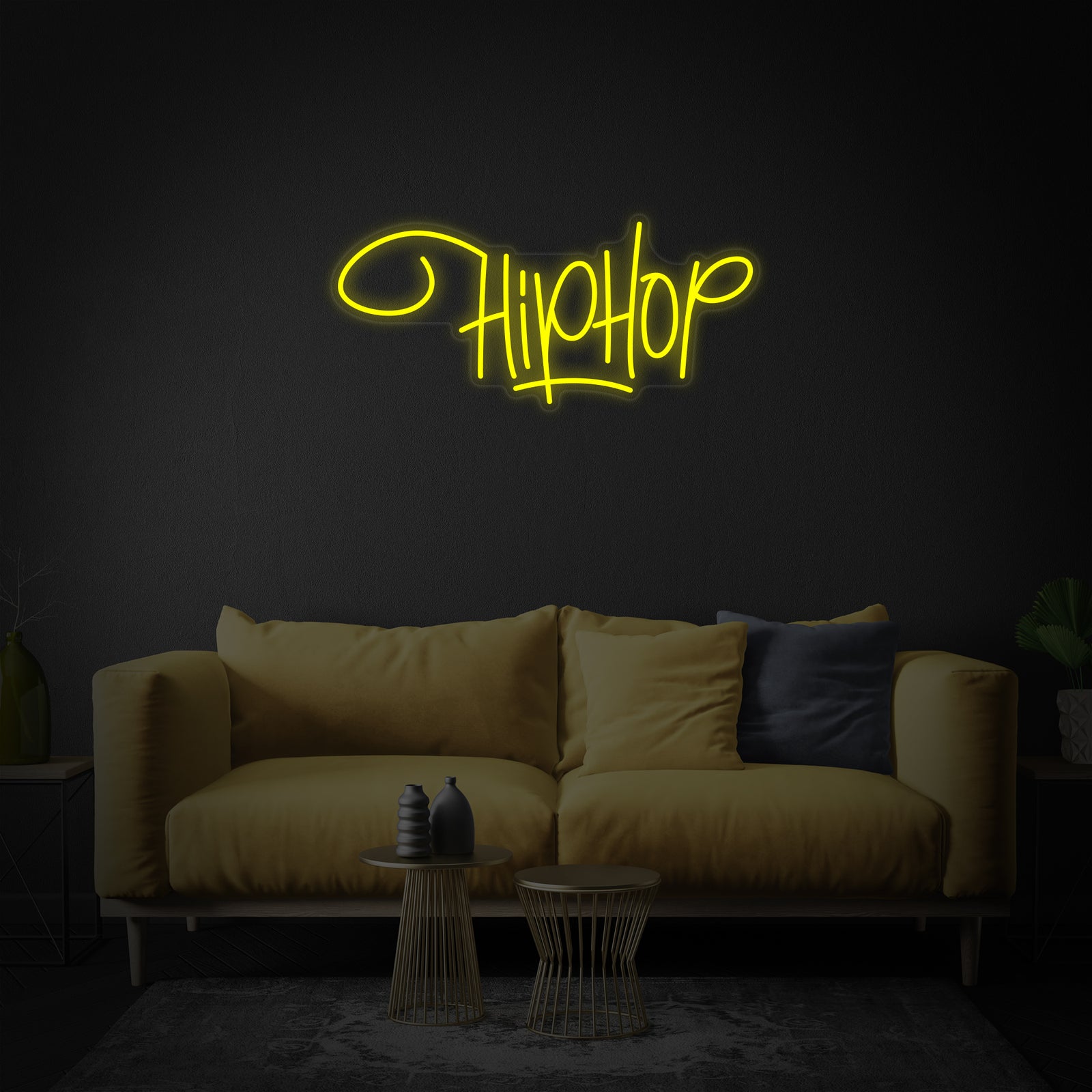 The stylized 'Hip Hop Rap Music' neon sign design with a vibrant glow against a dark background.