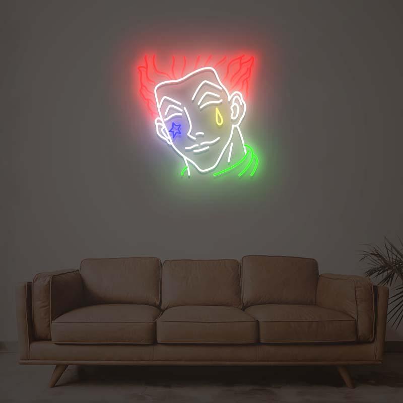 A graphic design mockup of a glowing Hisoka neon sign over a blurred living room background.