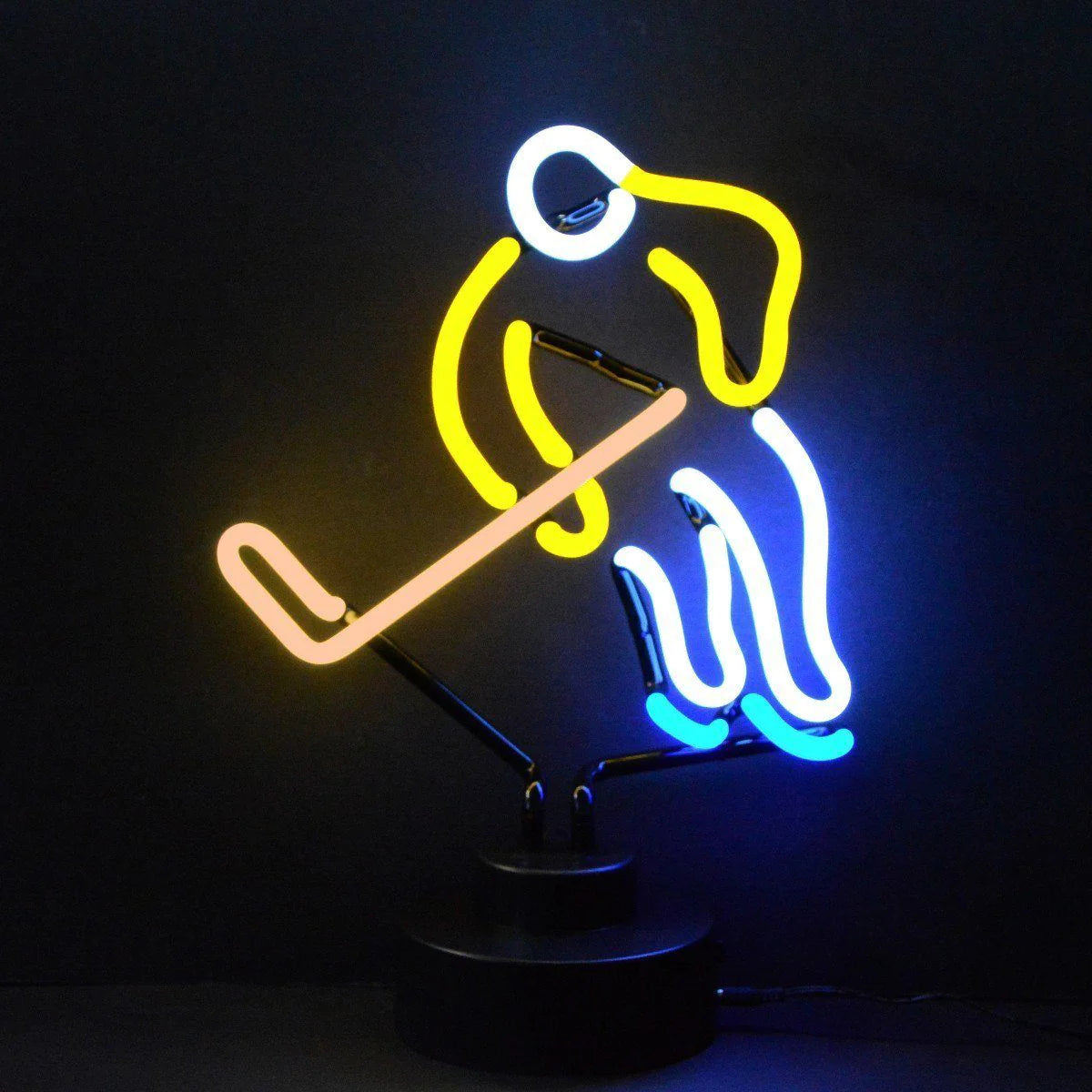 A table neon sign with the word "Hockey" lit up in blue glass tubes, sitting on a dark wooden surface with visible power cord and base structure.