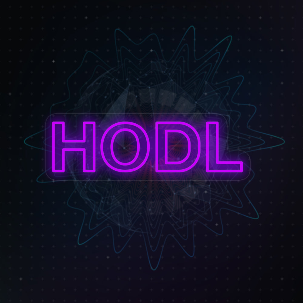 A digital mockup of a glowing orange Hodl crypto neon sign against a complex technological and network background.