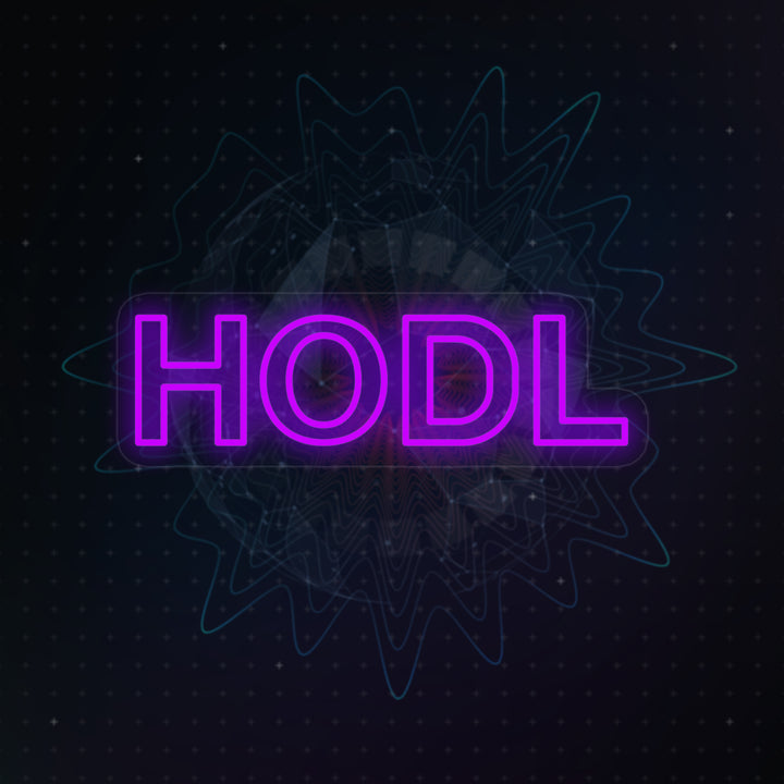 A digital mockup of a glowing orange Hodl crypto neon sign against a complex technological and network background.