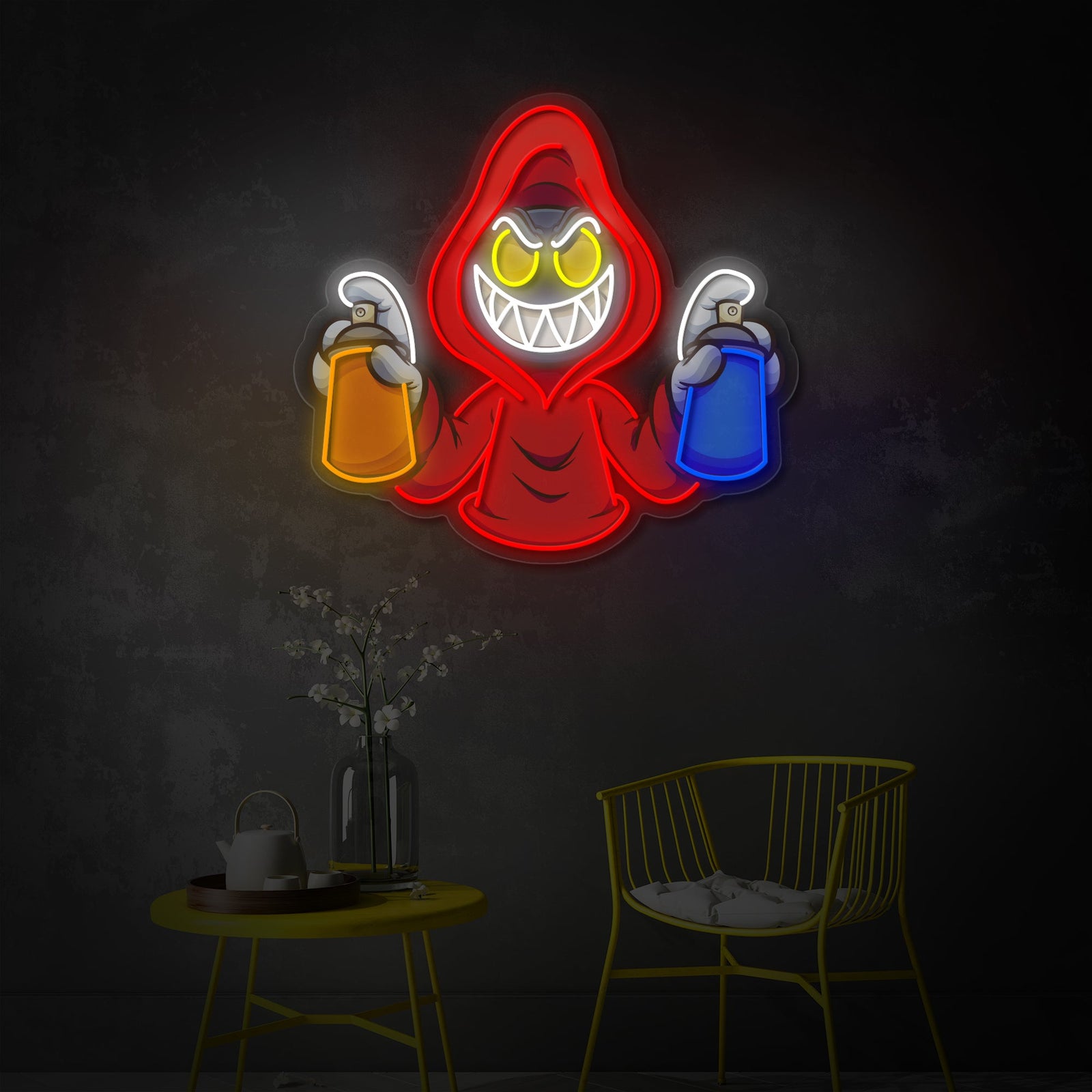 A UV Print neon sign featuring a hooded figure holding graffiti spray cans against a brick wall in a modern living room setting.