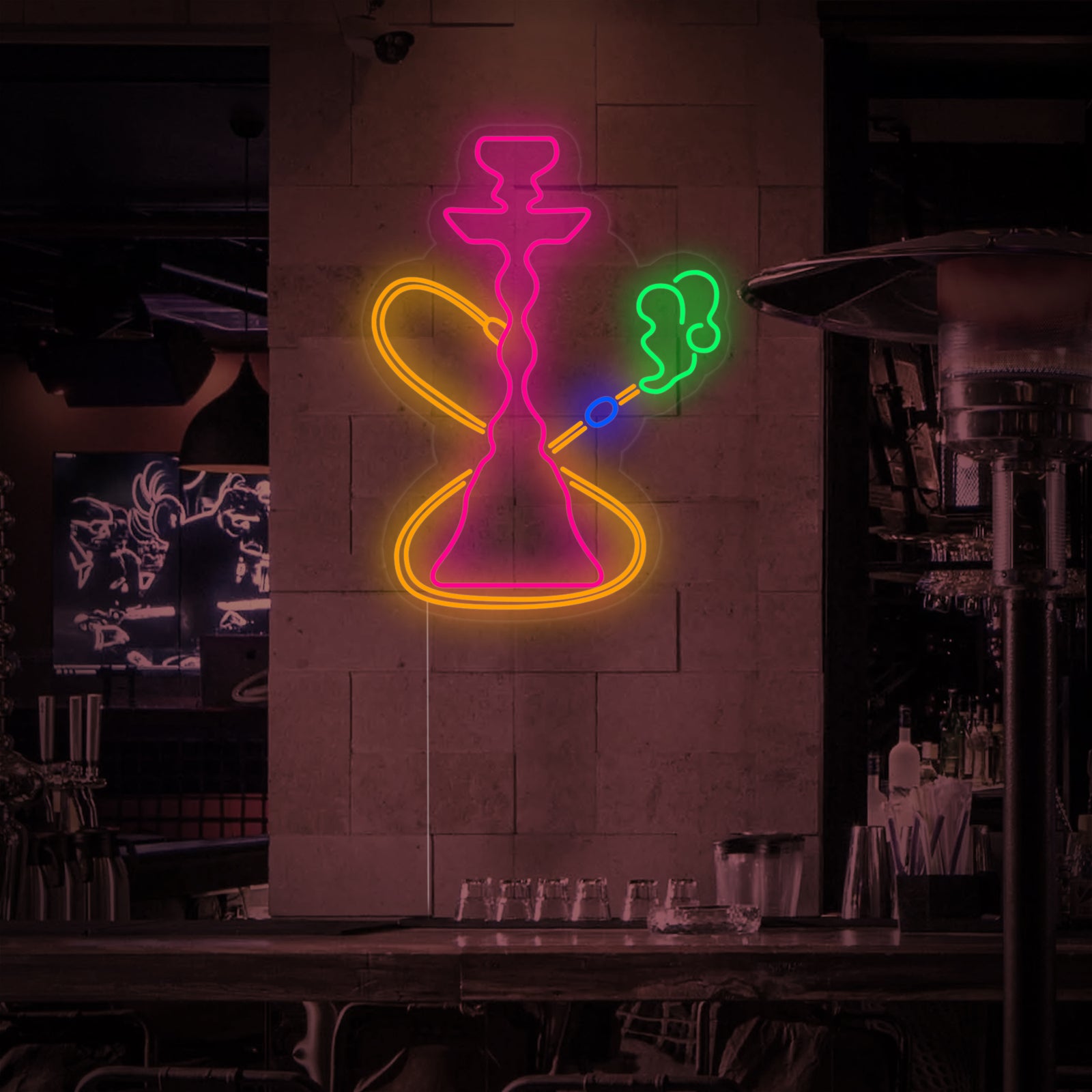 A close-up view of a vibrant 'Hookah Vibes' neon sign with intricate details, showcasing the bright blue and red glowing tubes in a bustling bar environment.